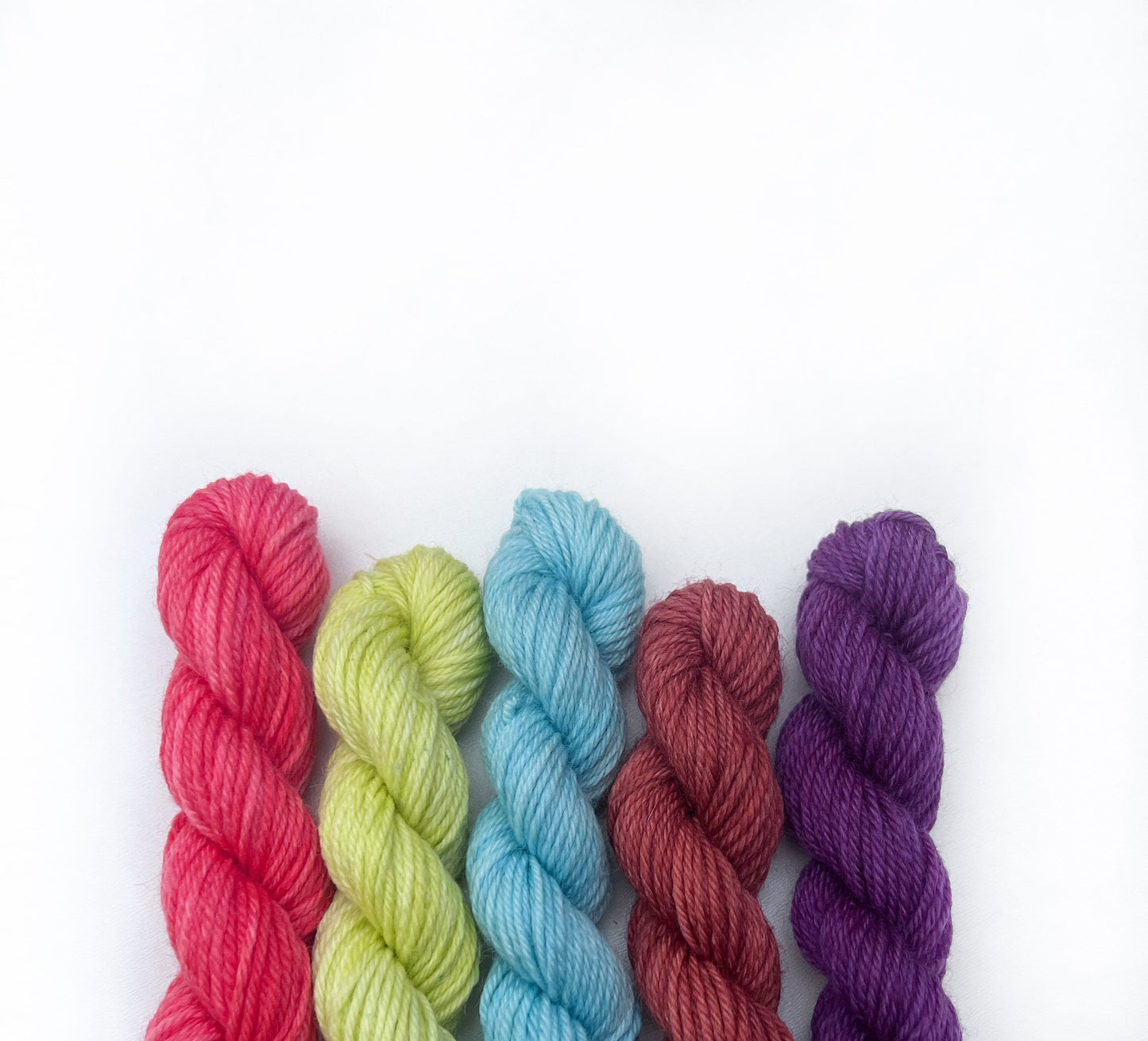 Hand Dyed Mini Skein Yarn Set, 20g Skeins, yards, SW Merino DK Weight Coral Purple Blue Neon Gift for Knitters