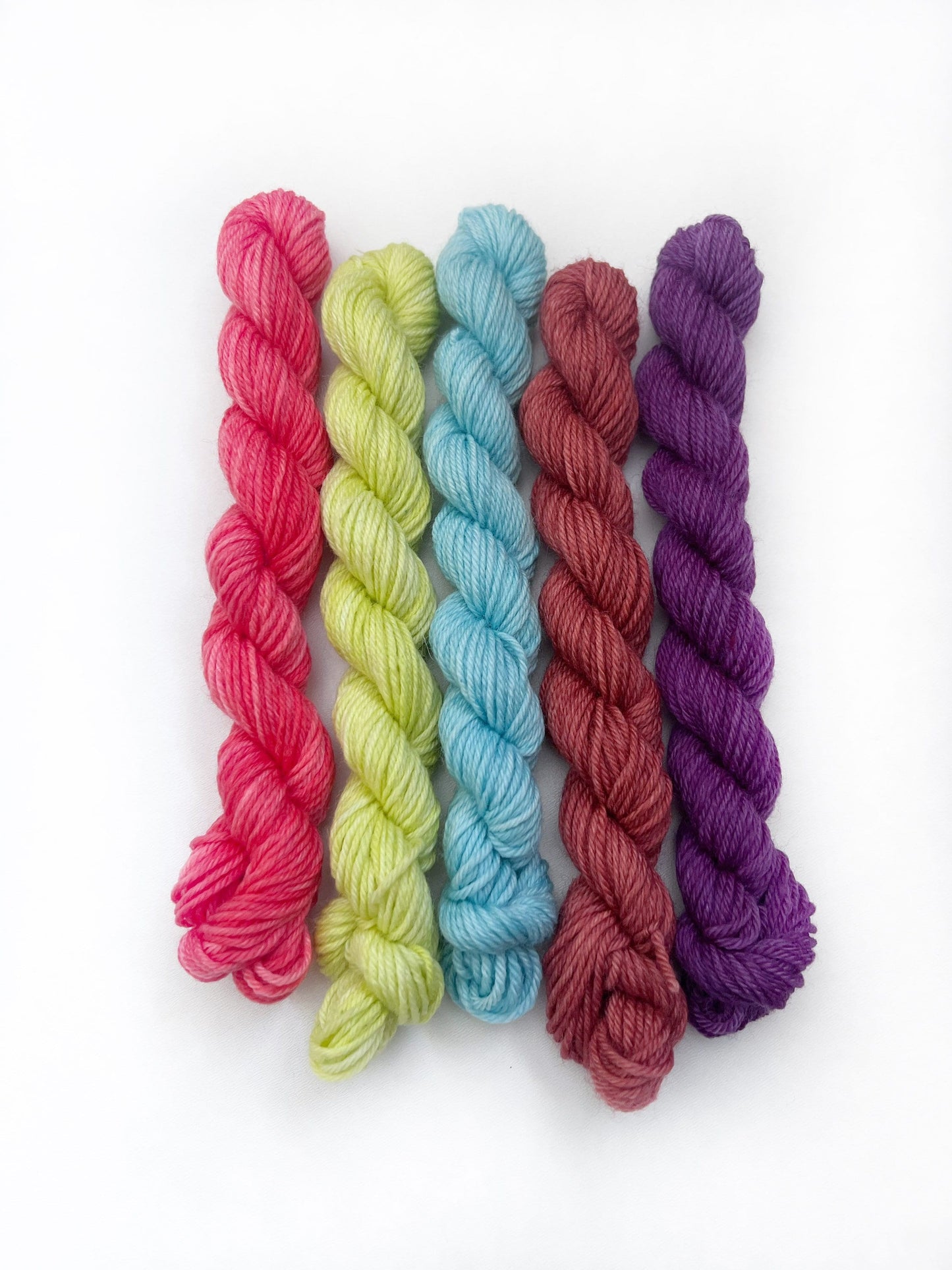 Hand Dyed Mini Skein Yarn Set, 20g Skeins, yards, SW Merino DK Weight Coral Purple Blue Neon Gift for Knitters