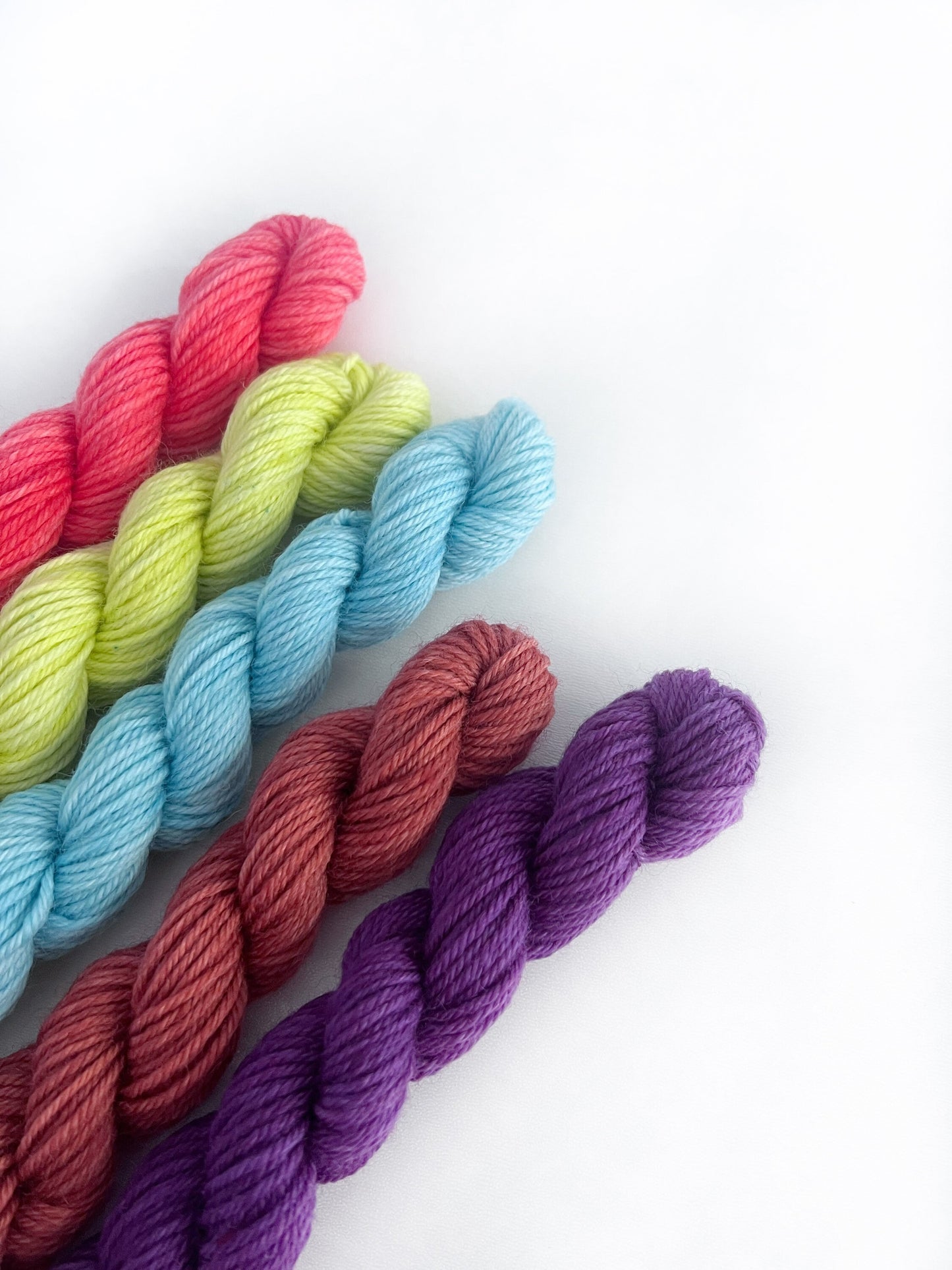 Hand Dyed Mini Skein Yarn Set, 20g Skeins, yards, SW Merino DK Weight Coral Purple Blue Neon Gift for Knitters