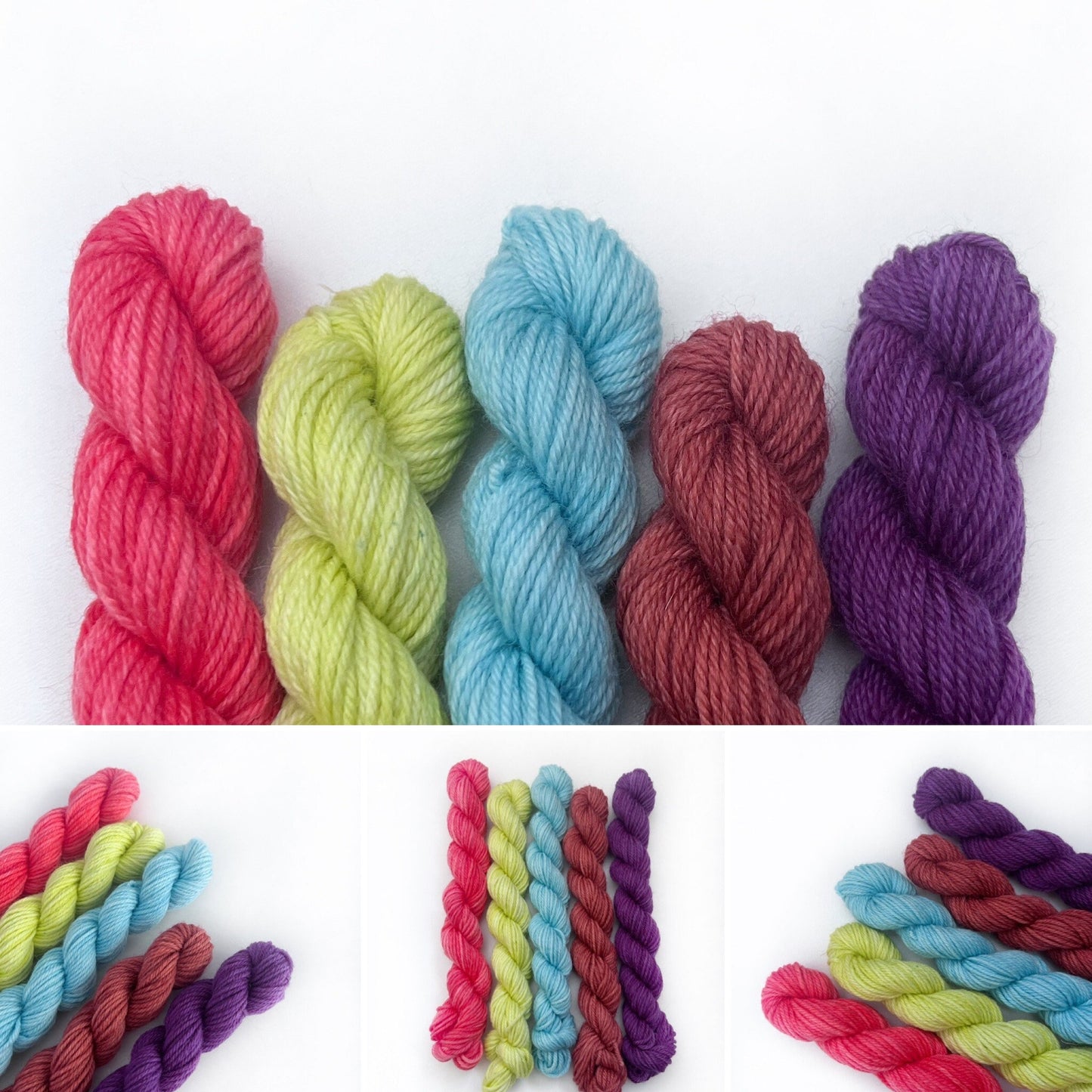 Hand Dyed Mini Skein Yarn Set, 20g Skeins, yards, SW Merino DK Weight Coral Purple Blue Neon Gift for Knitters