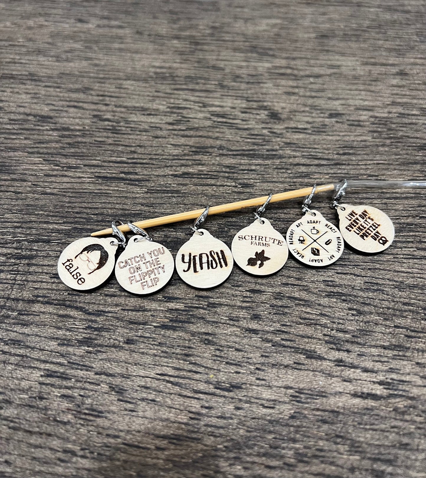 Wooden Stitch Marker Set The Office Inspired Punny Knitting and Crochet Tools