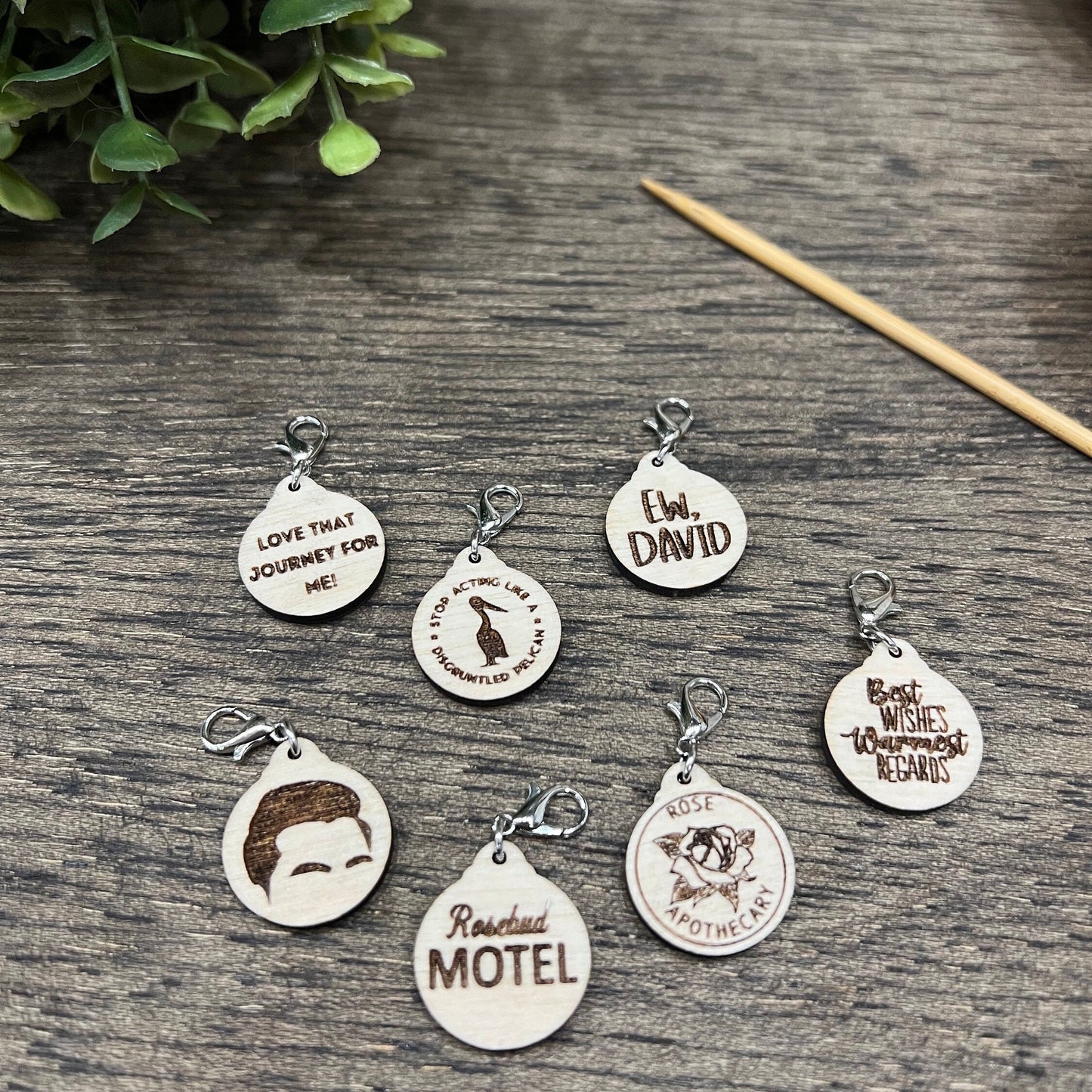 Wooden Stitch Marker Set Schitt’s Creek Inspired Punny Knitting and Crochet Tools