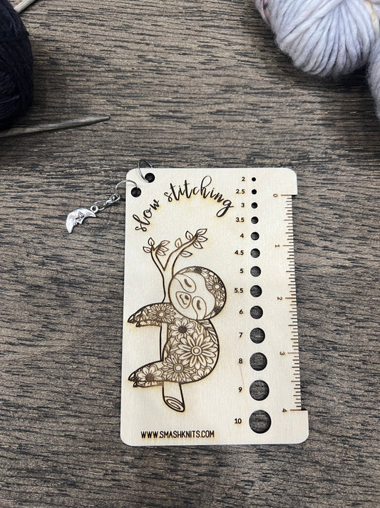 SLOTH Wooden Knitting and Crochet Gauge and Needle size Ruler