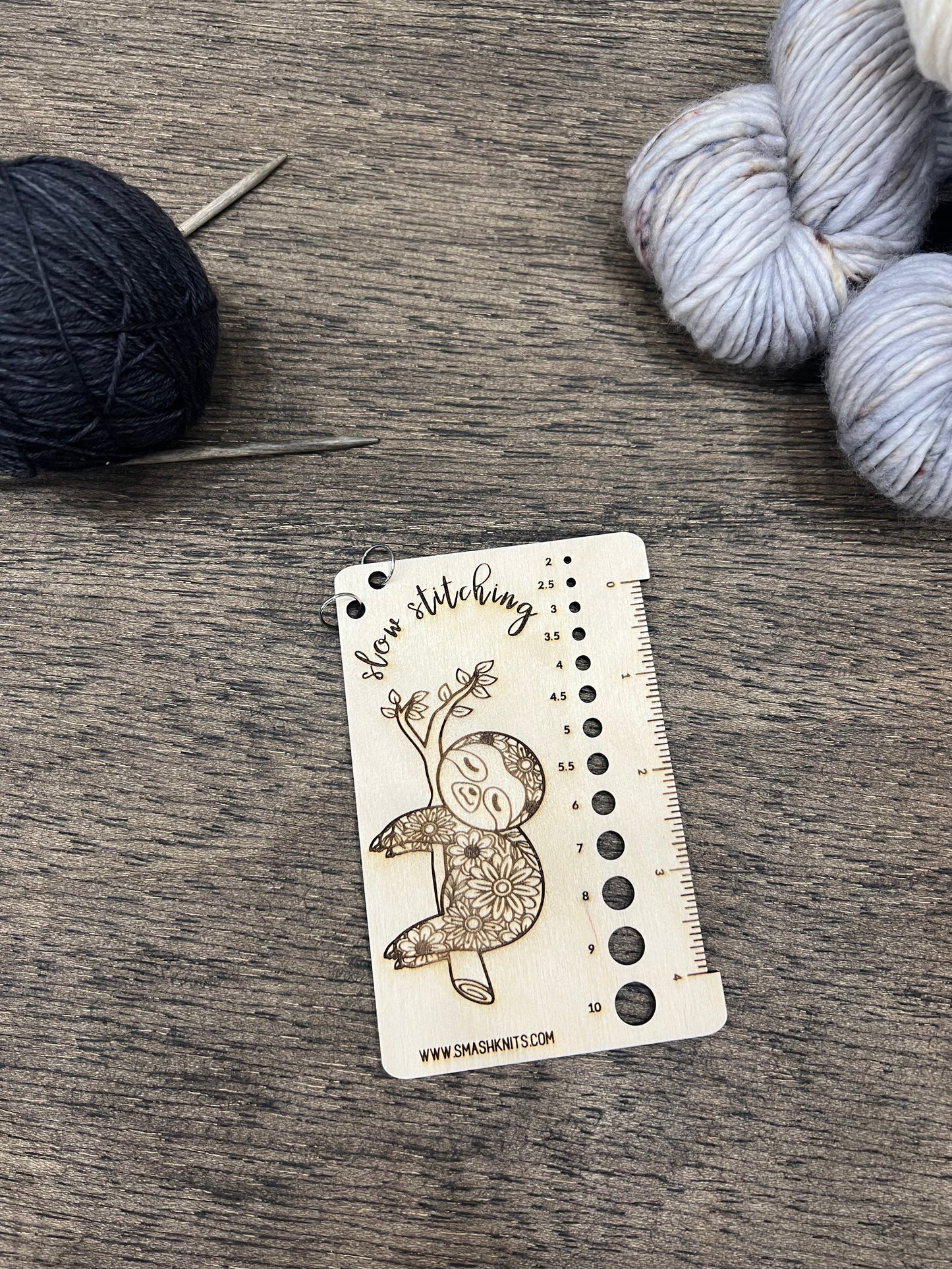 SLOTH Wooden Knitting and Crochet Gauge and Needle size Ruler