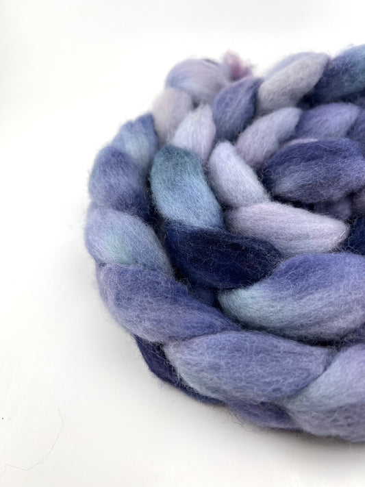 SOFT BLUES Hand Dyed Spinning Fibre Purple Blue Corriedale Top Non Superwash