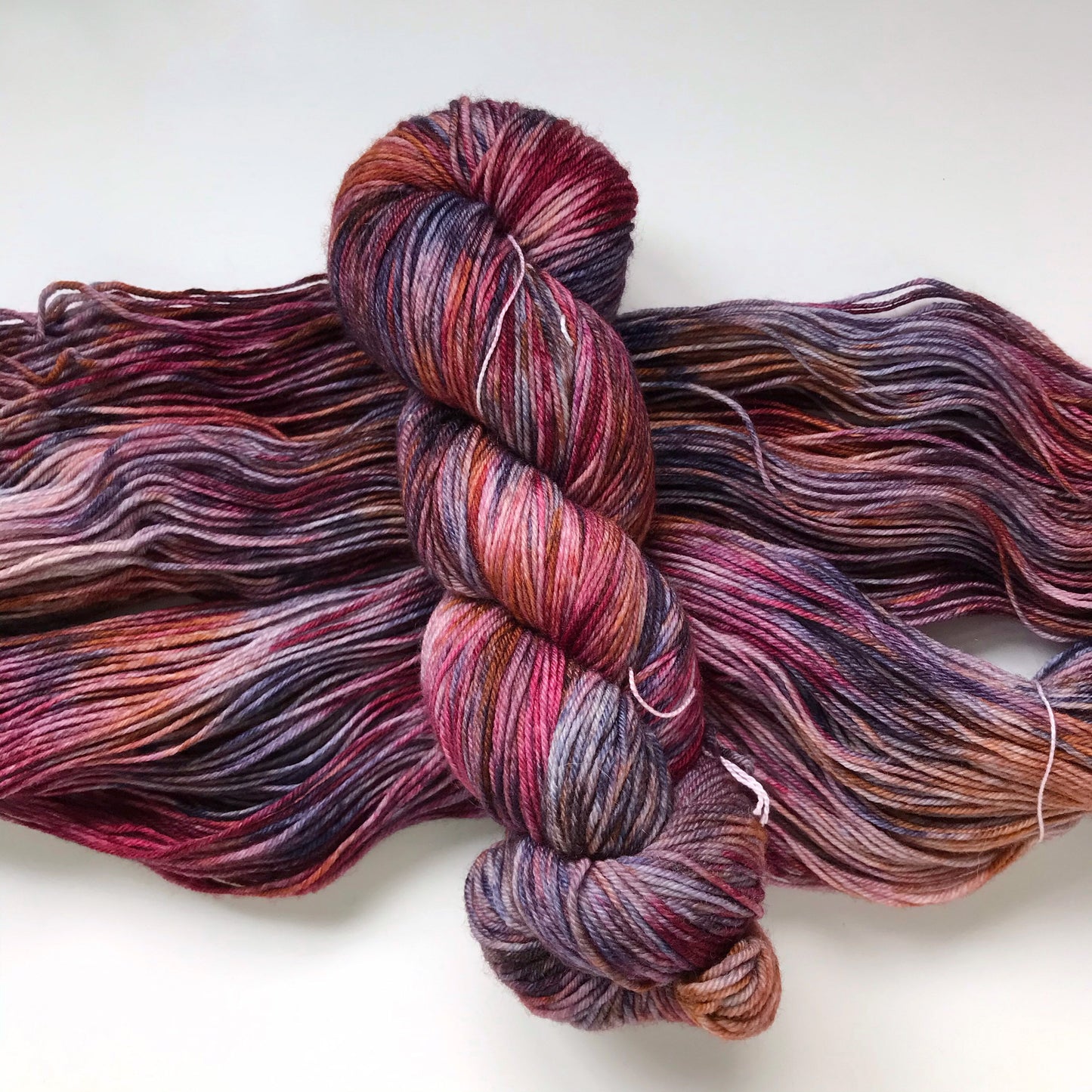 Hand Dyed Merino Sock Yarn: "Fall Splendor" Pink Purple Brown, 437 yds