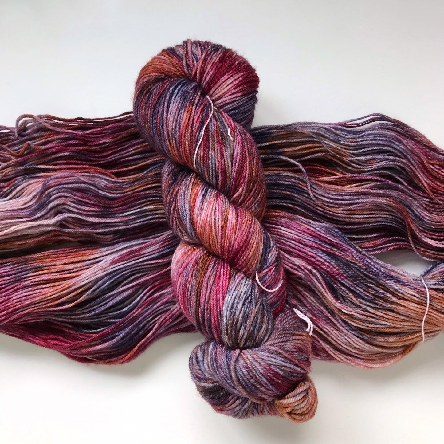 Hand Dyed Merino Sock Yarn: "FALL SPLENDOR" Pink Purple Brown, 437 yds
