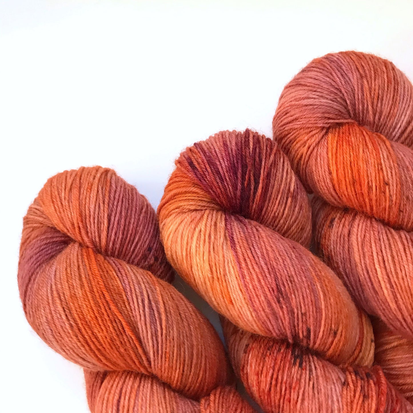 Hand Dyed Merino Sock Yarn: "FIRESIDE GLOW" Burgundy Orange Speckled