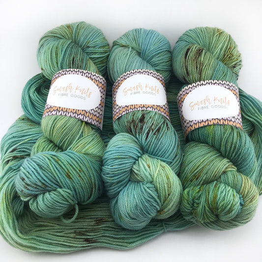 Hand Dyed Speckled Merino Sock Yarn: TERRA NOVA, Green Blue Brown