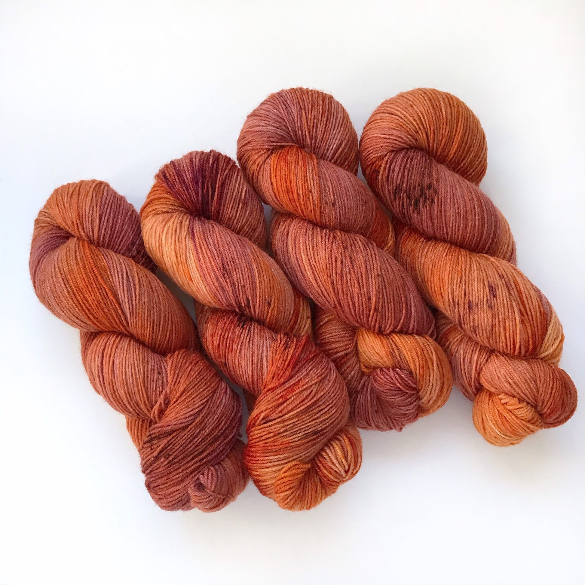 Hand Dyed Merino Sock Yarn: "FIRESIDE GLOW" Burgundy Orange Speckled