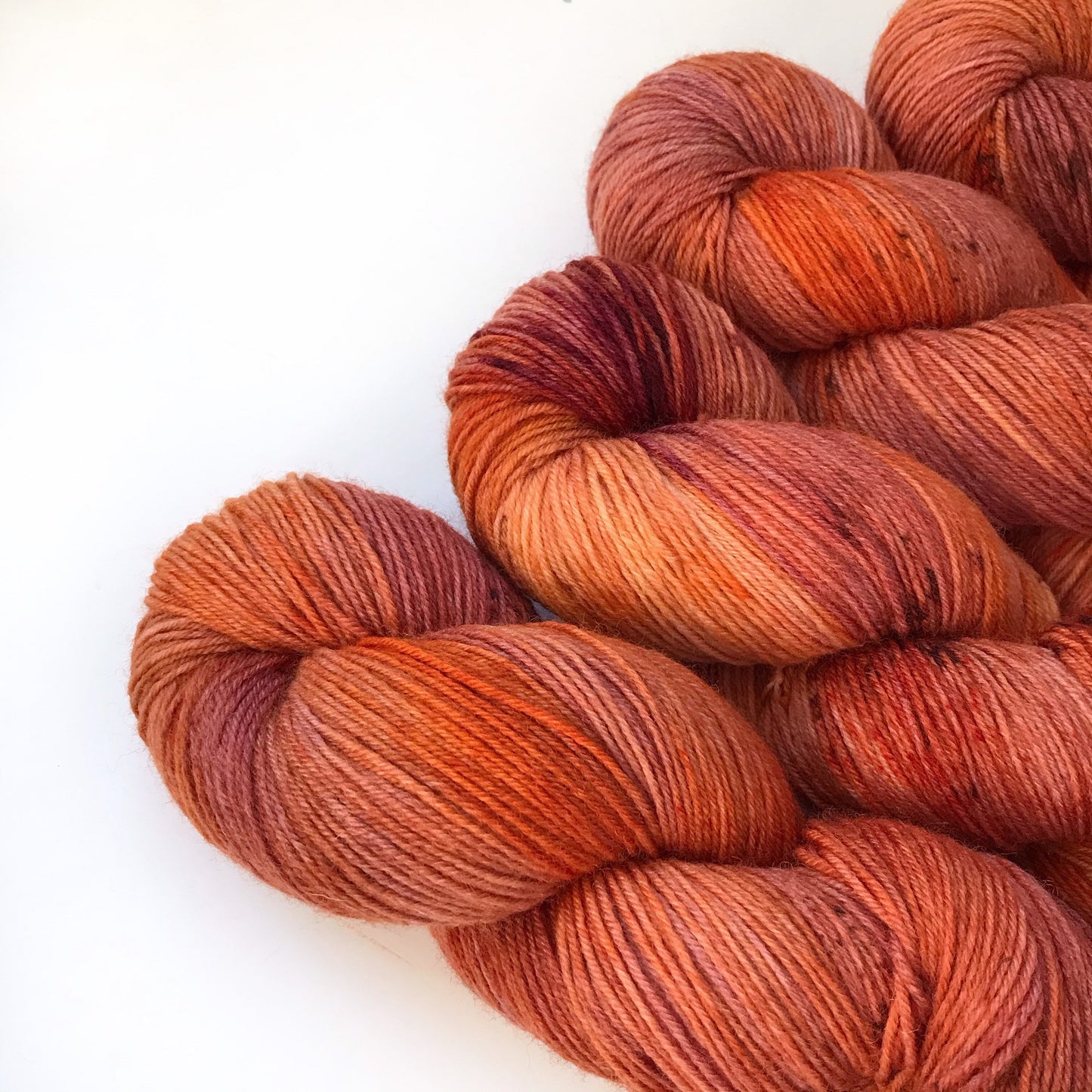 Hand Dyed Merino Sock Yarn: "FIRESIDE GLOW" Burgundy Orange Speckled