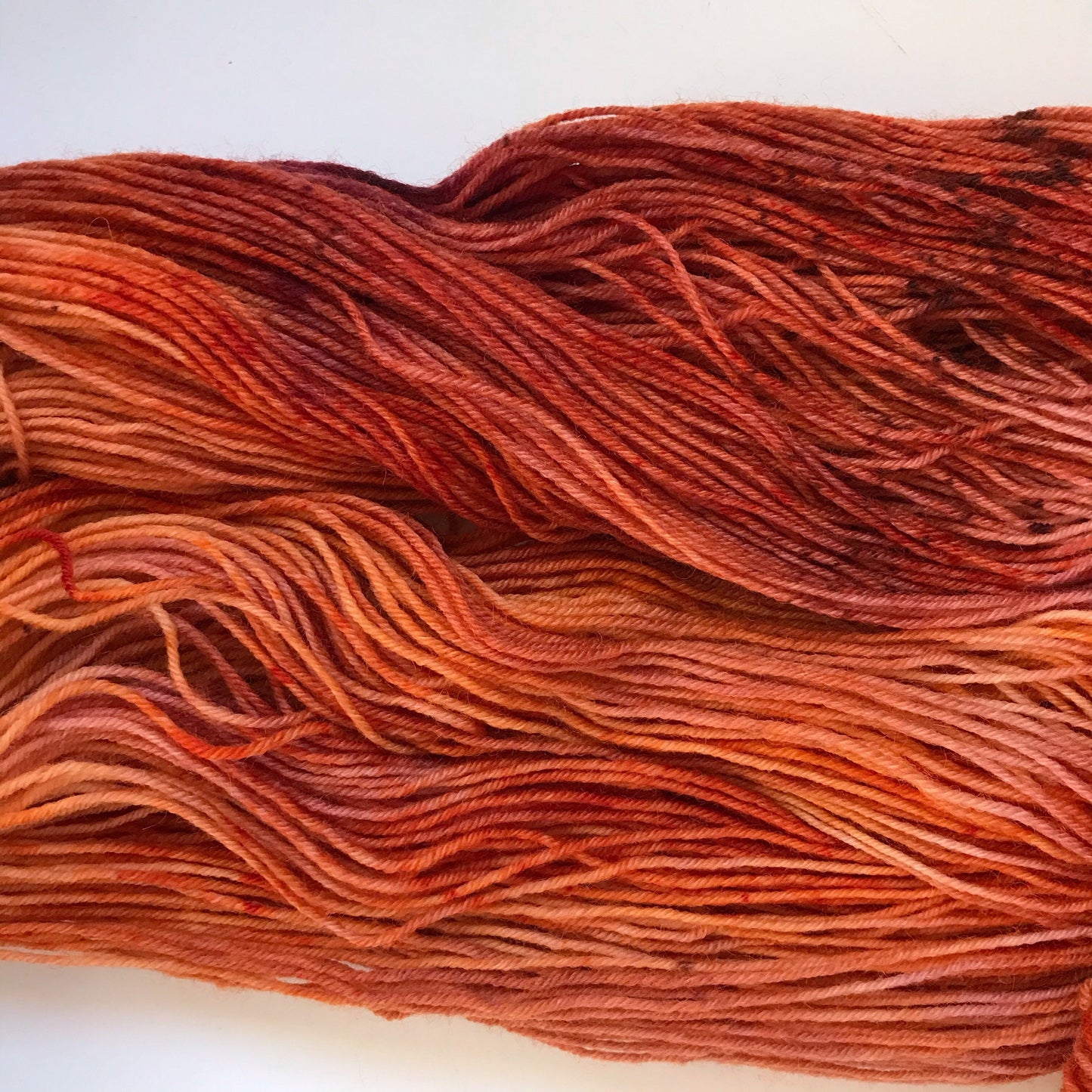 Hand Dyed Merino Sock Yarn: "FIRESIDE GLOW" Burgundy Orange Speckled