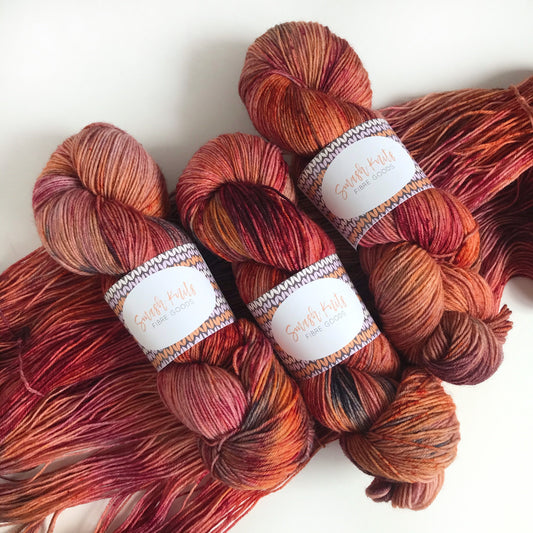 Hand Dyed Yarn “CRUNCHING LEAVES” Burgundy Orange Navy Cream SW Merino Fingering Sock Yarn, Ready to Ship 100g 437 yards