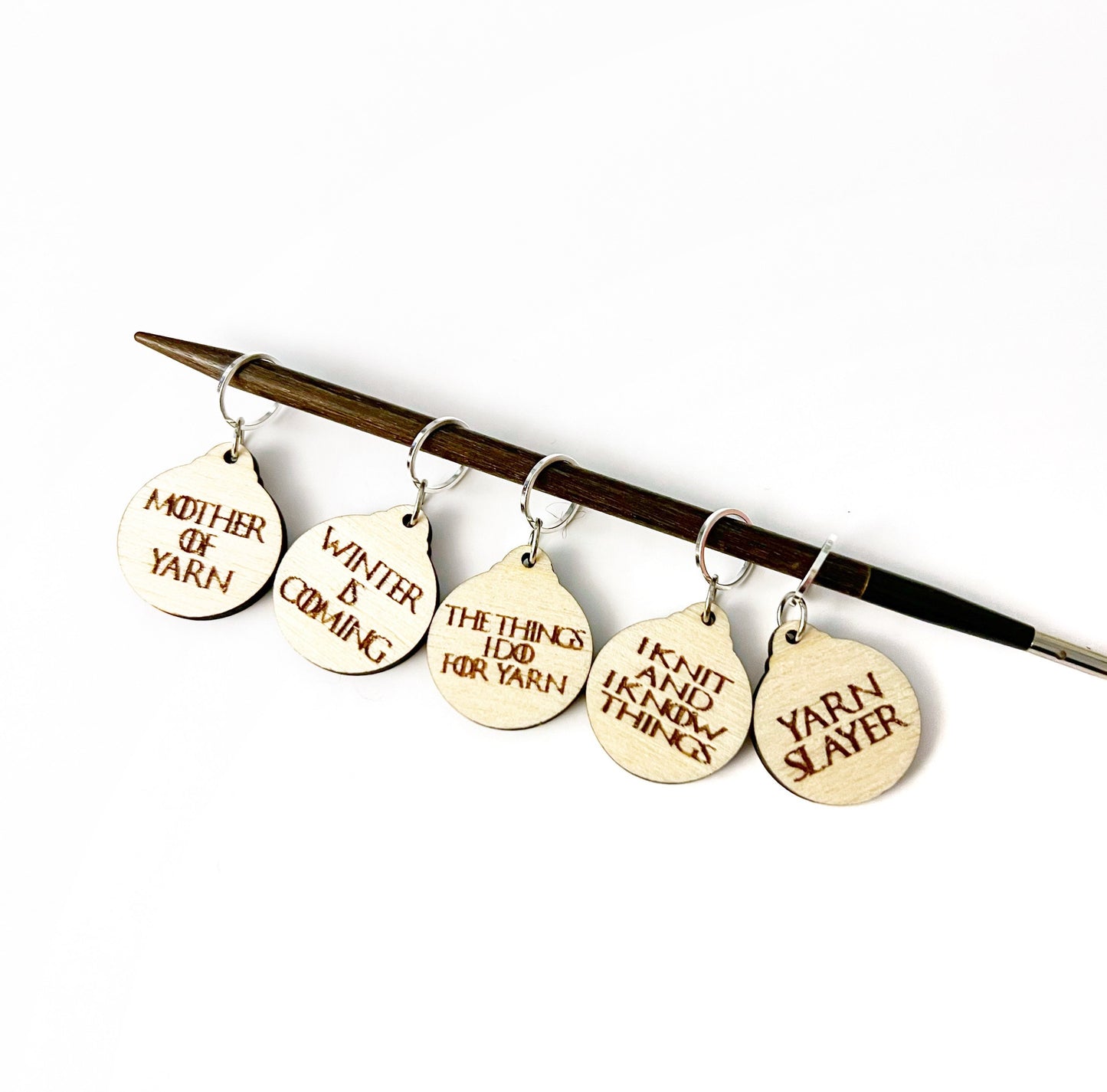 Wooden Stitch Marker Set Game of Throne Inspired Punny Knitting and Crochet Tools