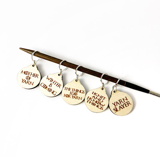 Wooden Stitch Marker Set Game of Throne Inspired Punny Knitting and Crochet Tools