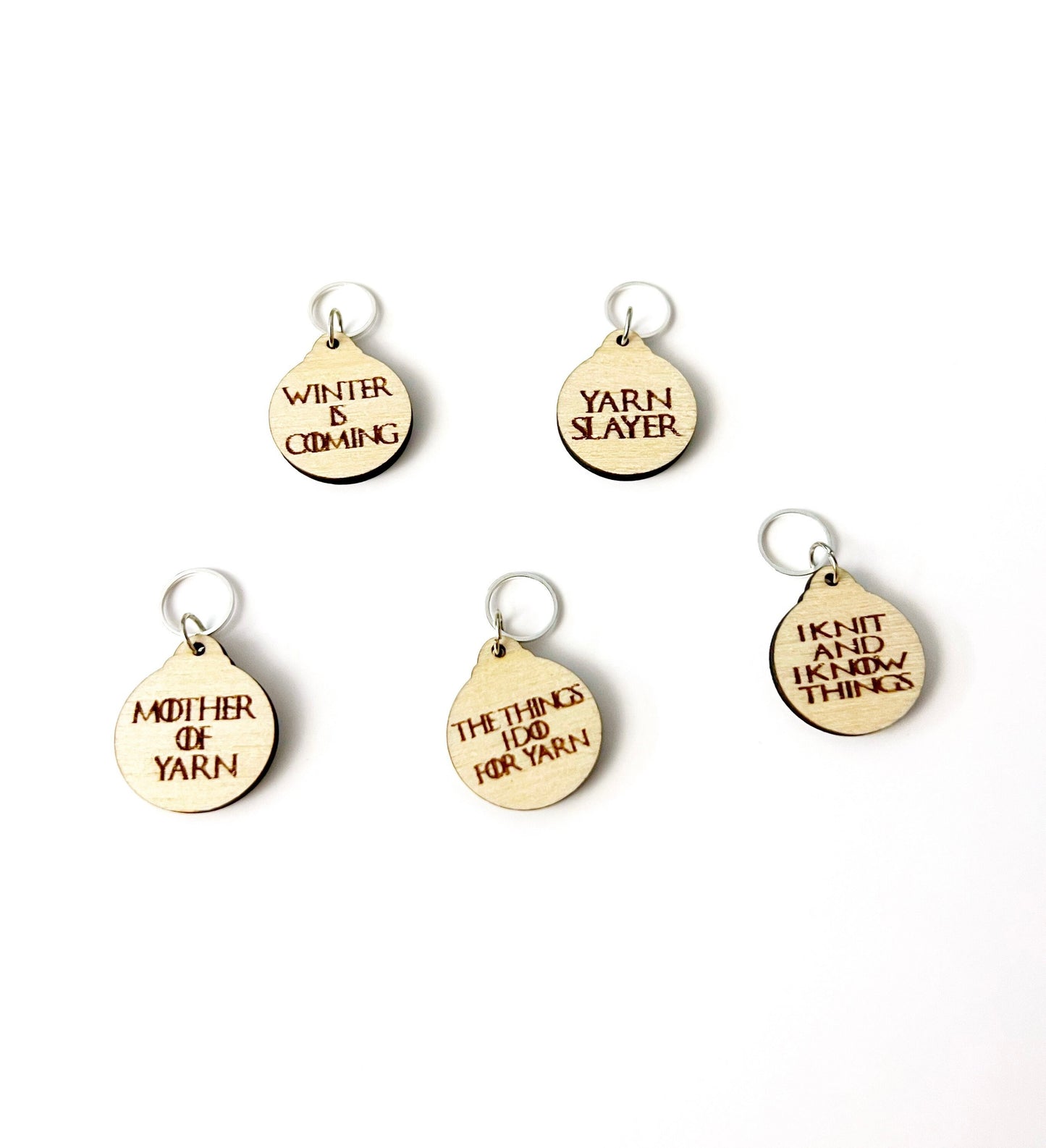 Wooden Stitch Marker Set Game of Throne Inspired Punny Knitting and Crochet Tools