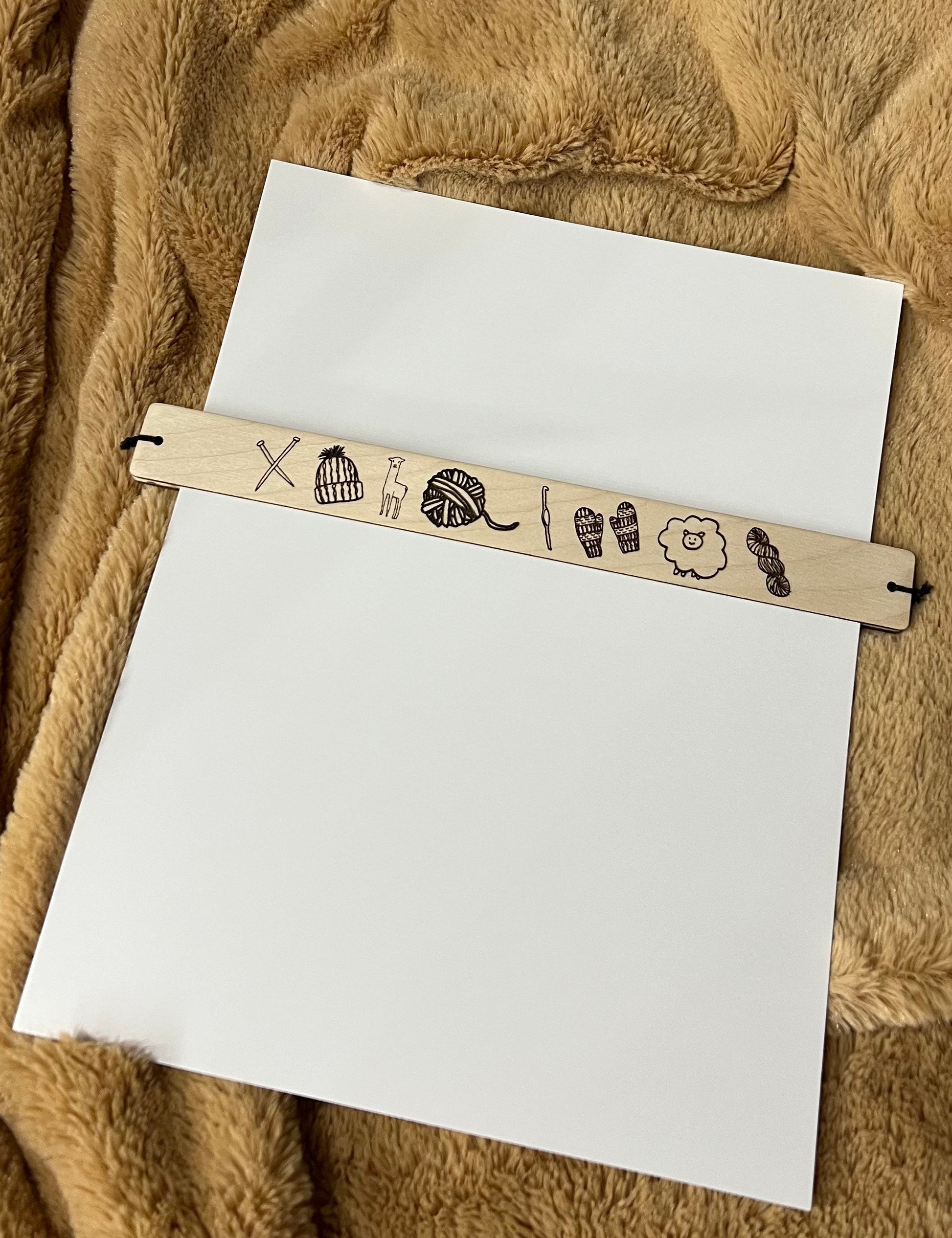 Wooden Knitting and Crochet Pattern Placeholder Yarn Themed Gift, Baltic Birch Fibre Arts Tool