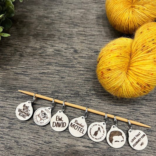 Wooden Stitch Marker Set Schitt’s Creek Inspired Punny Knitting and Crochet Tools