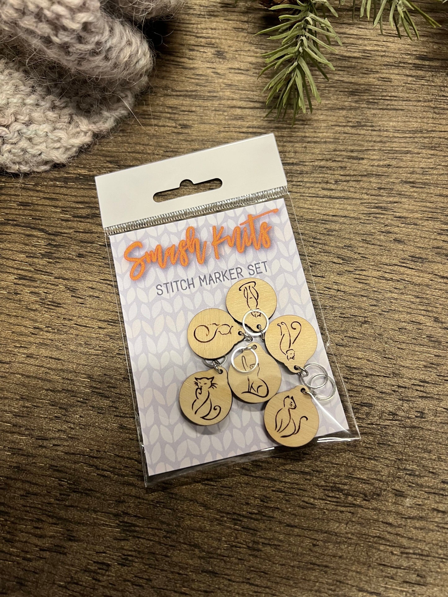 Cat Silhouette Wooden Stitch Markers: Knitting Crochet Tools, Set of 6