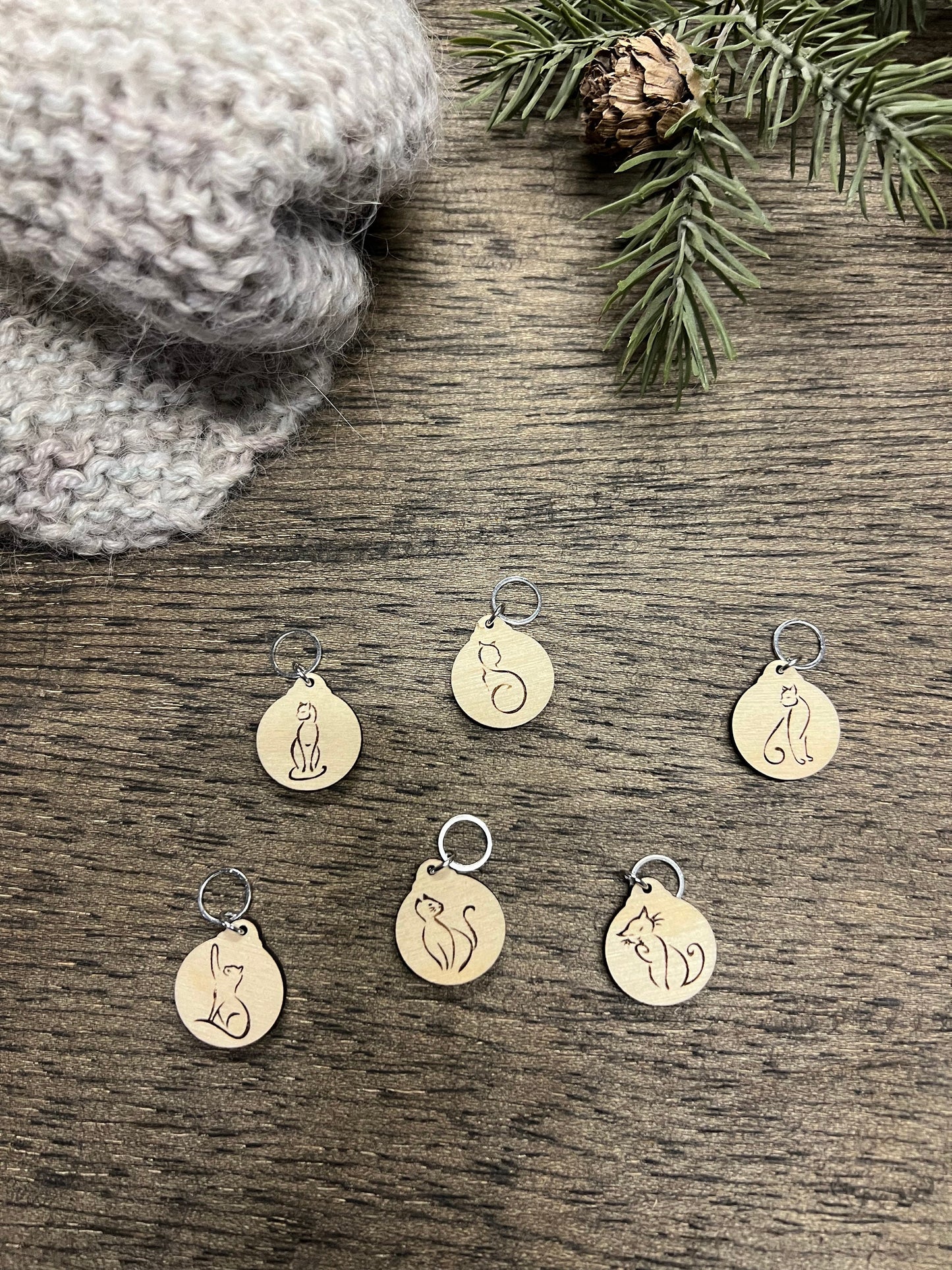 Cat Silhouette Wooden Stitch Markers: Knitting Crochet Tools, Set of 6