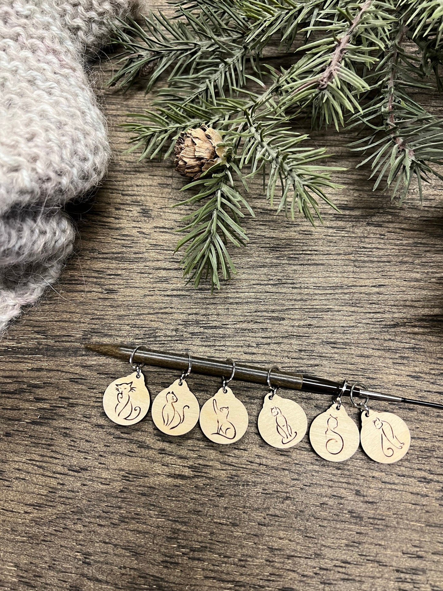 Cat Silhouette Wooden Stitch Markers: Knitting Crochet Tools, Set of 6