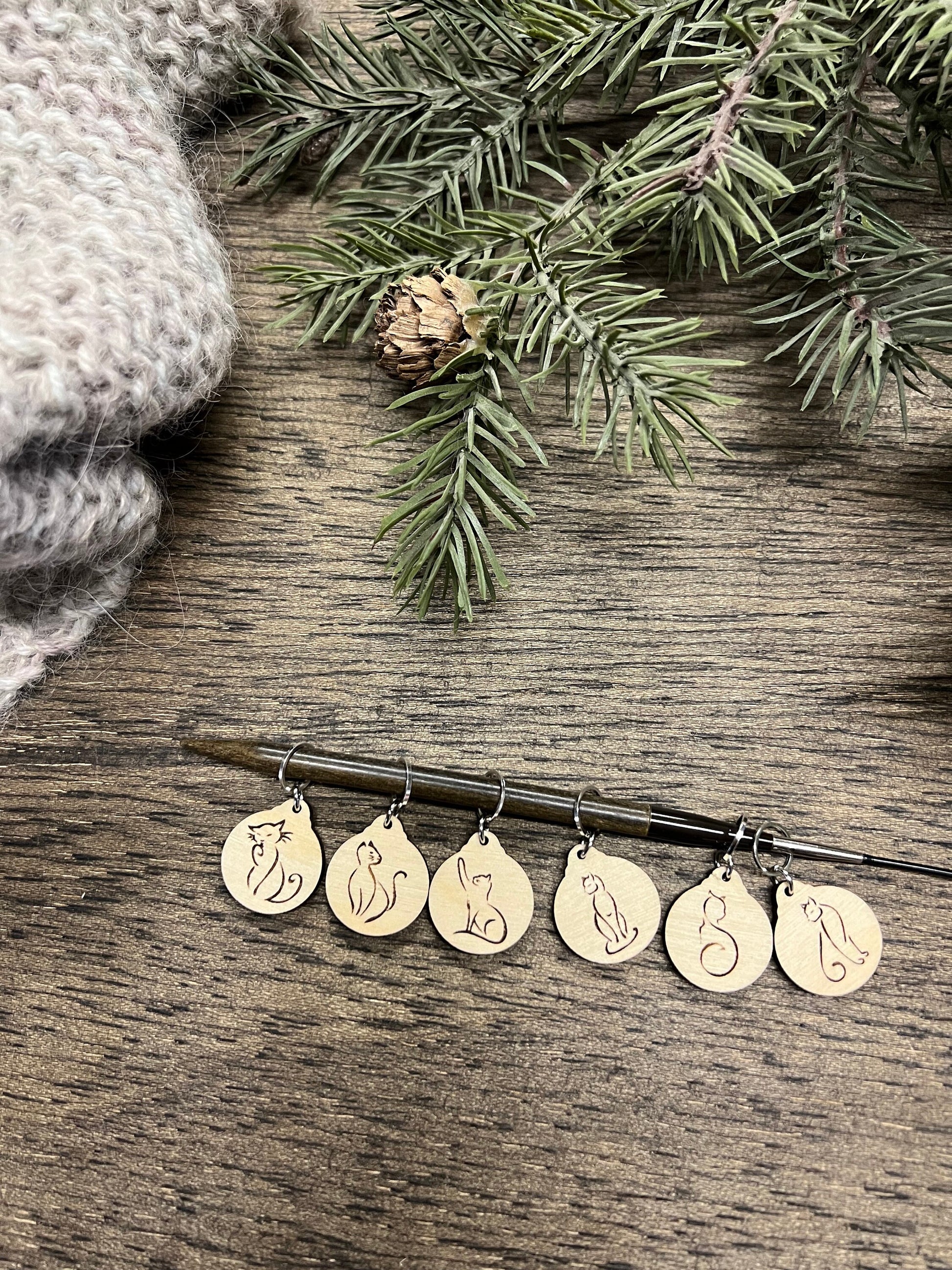 Cat Silhouette Wooden Stitch Markers: Knitting Crochet Tools, Set of 6