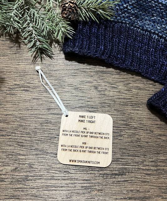 Knitting Reference Tool - Wooden Info Card for Make 1 Left/Right & Wrap and Turn
