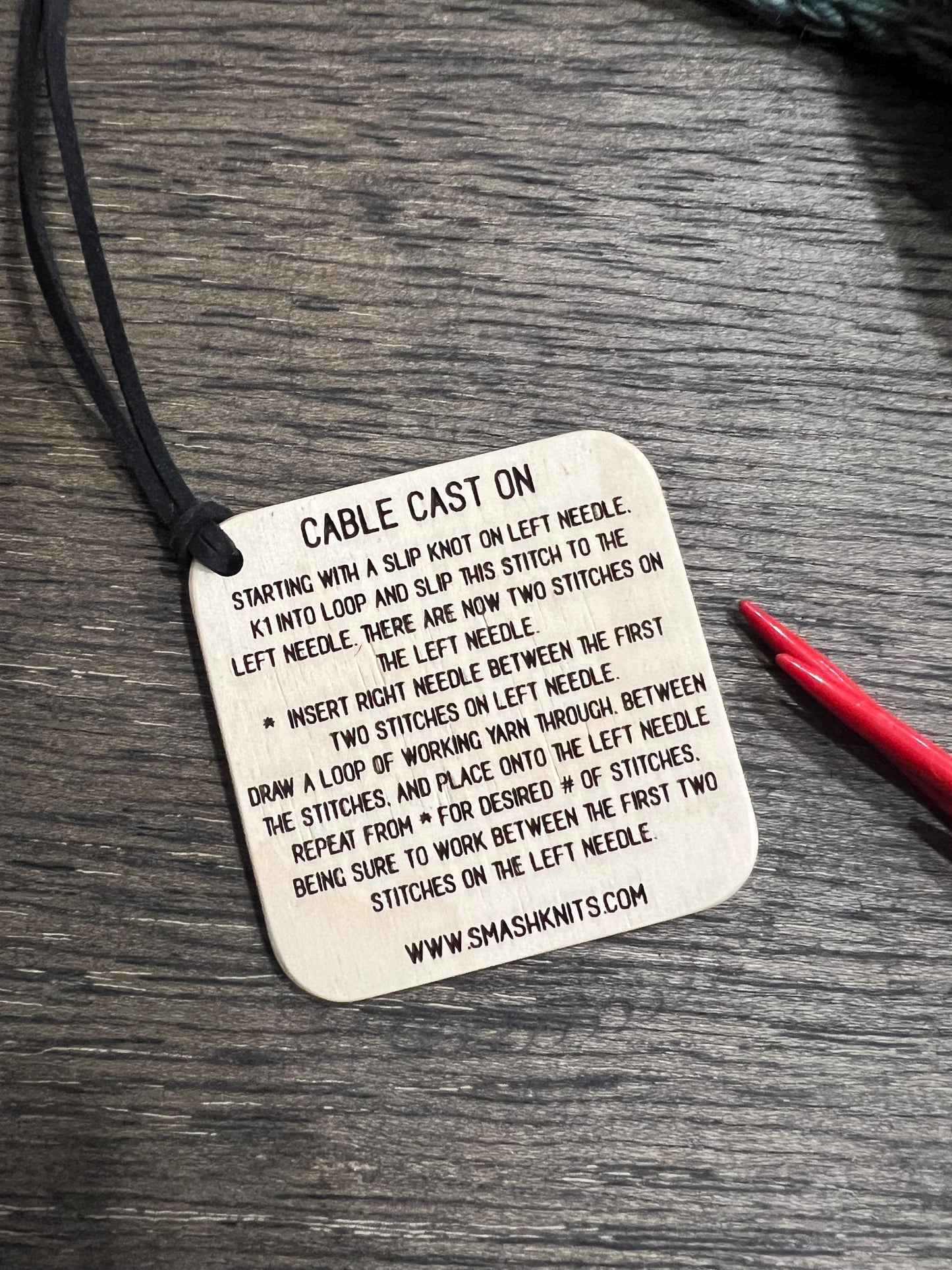 Mini Tool Wooden Knitting Reference Card - Cable Cast On /Waste Yarn Tubular CO Instructions
