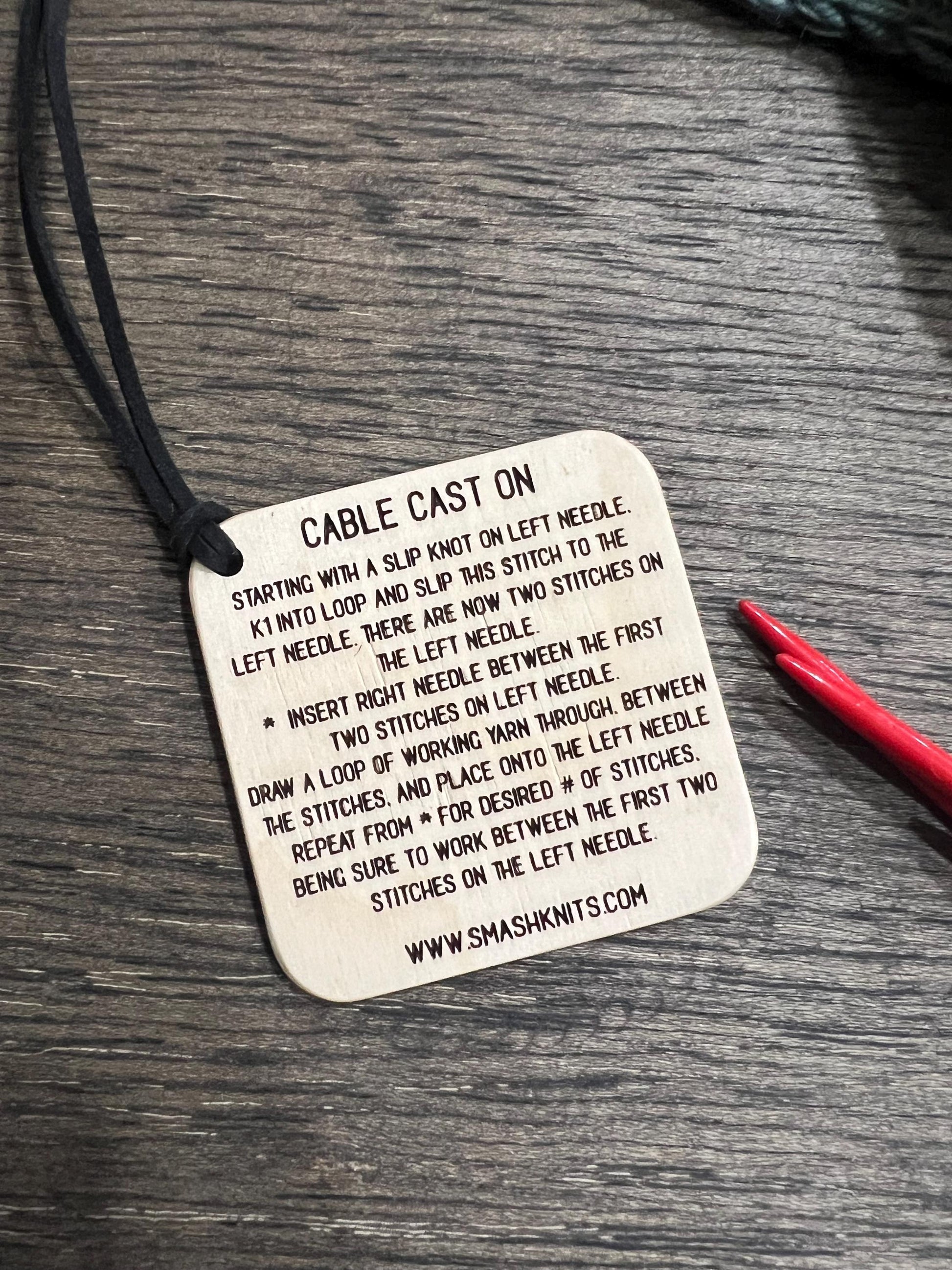 Mini Tool Wooden Knitting Reference Card - Cable Cast On /Waste Yarn Tubular CO Instructions