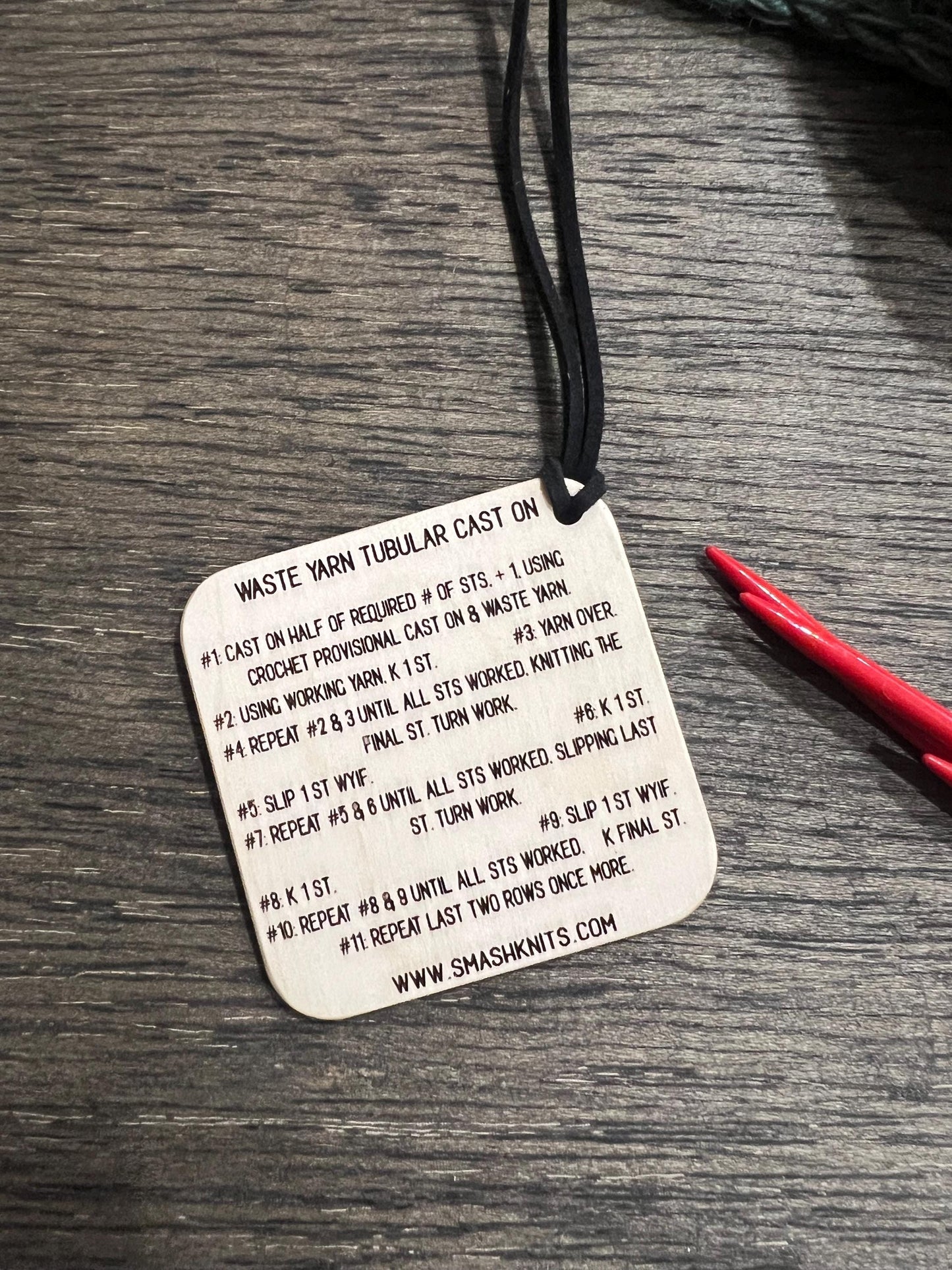 Mini Tool Wooden Knitting Reference Card - Cable Cast On /Waste Yarn Tubular CO Instructions