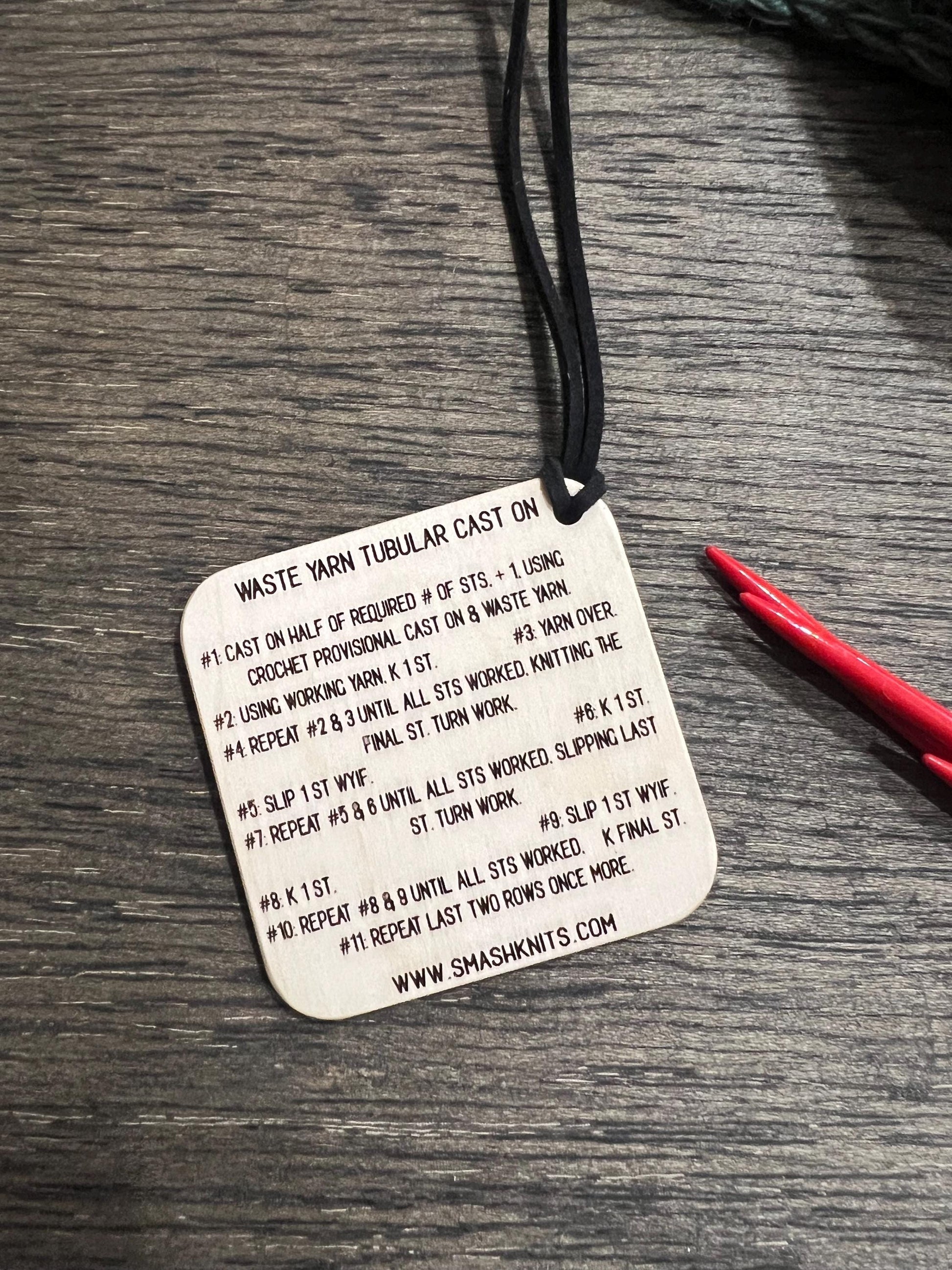 Mini Tool Wooden Knitting Reference Card - Cable Cast On /Waste Yarn Tubular CO Instructions