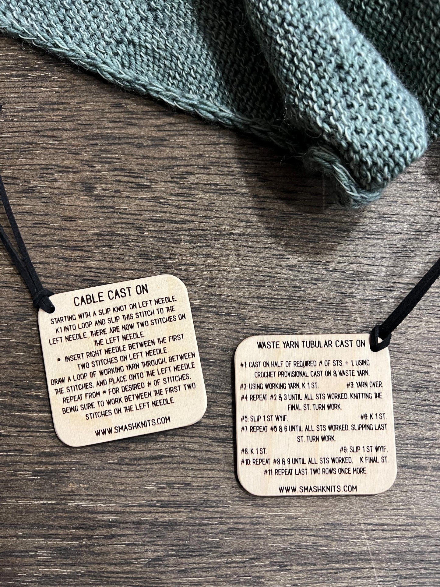 Mini Tool Wooden Knitting Reference Card - Cable Cast On /Waste Yarn Tubular CO Instructions