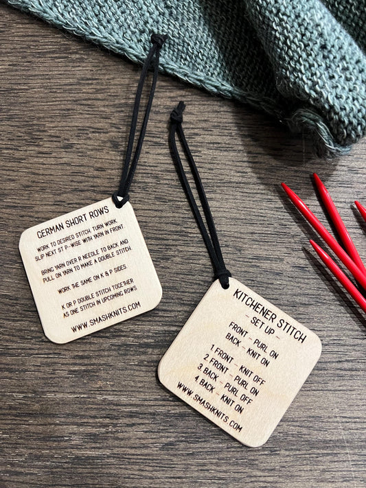 Reference Tool for Knitting Wooden Info Card - Kitchener Stitch and German Short Rows