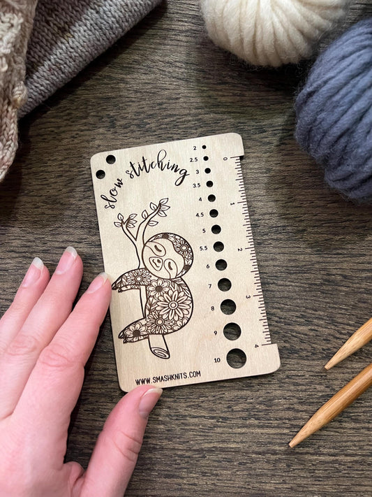 Sloth Knitting Gauge Ruler - Wooden Crochet Needle Sizer