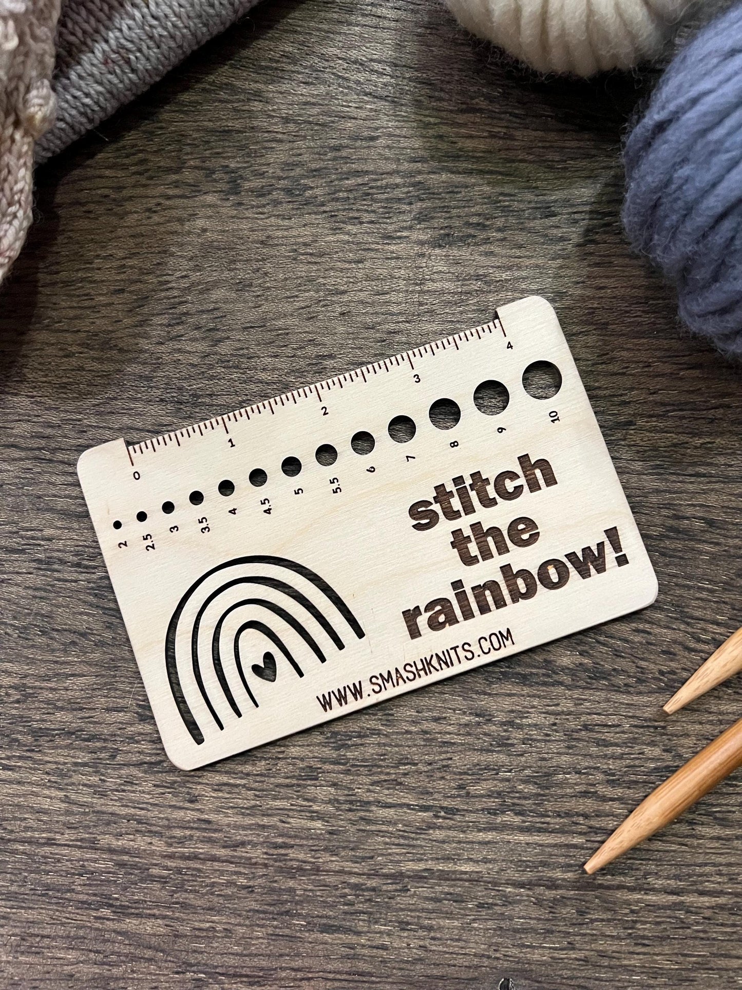 Rainbow Knitting Gauge Ruler - Baltic Birch Wood Needle Sizer