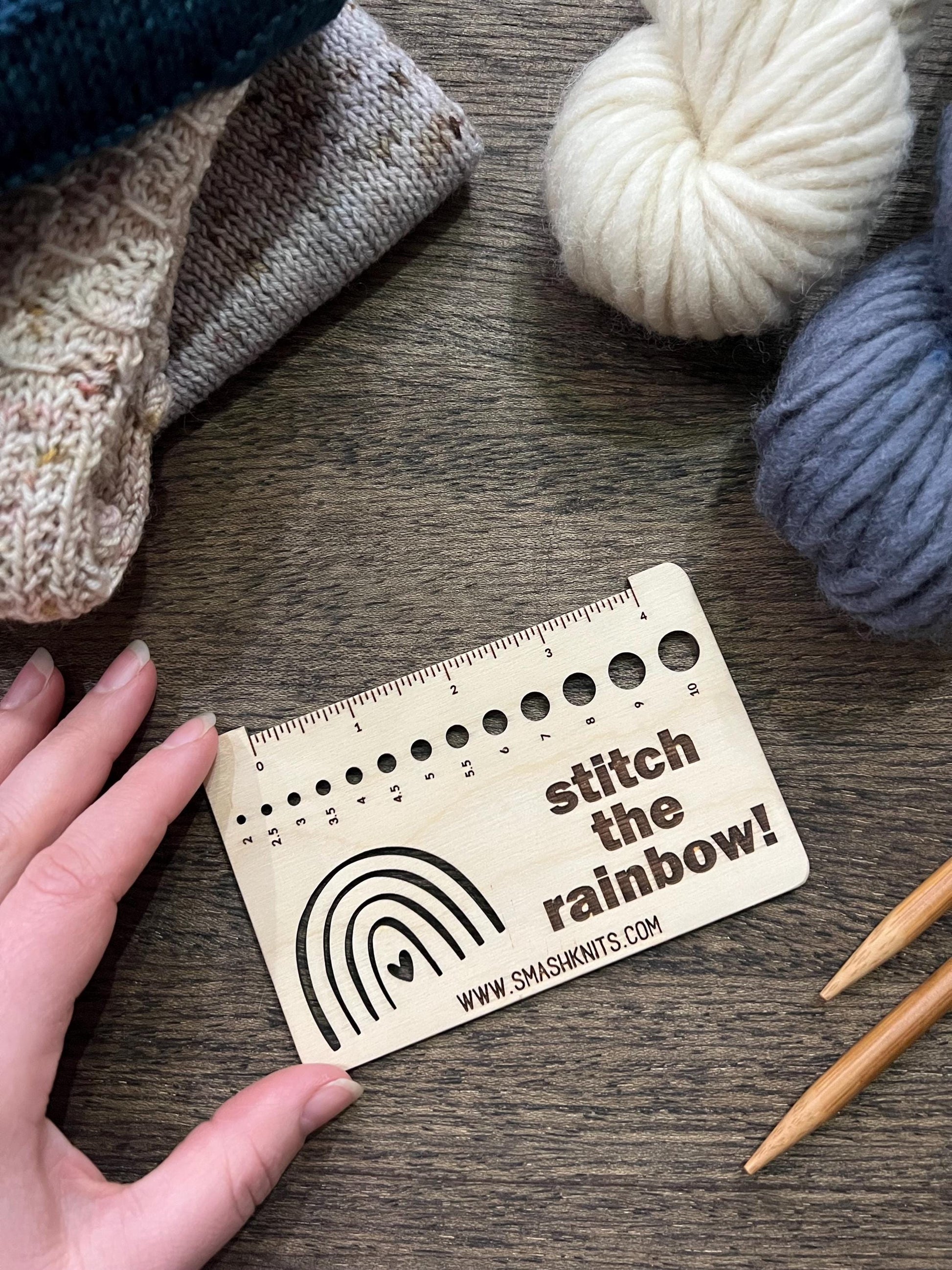 Rainbow Knitting Gauge Ruler - Baltic Birch Wood Needle Sizer