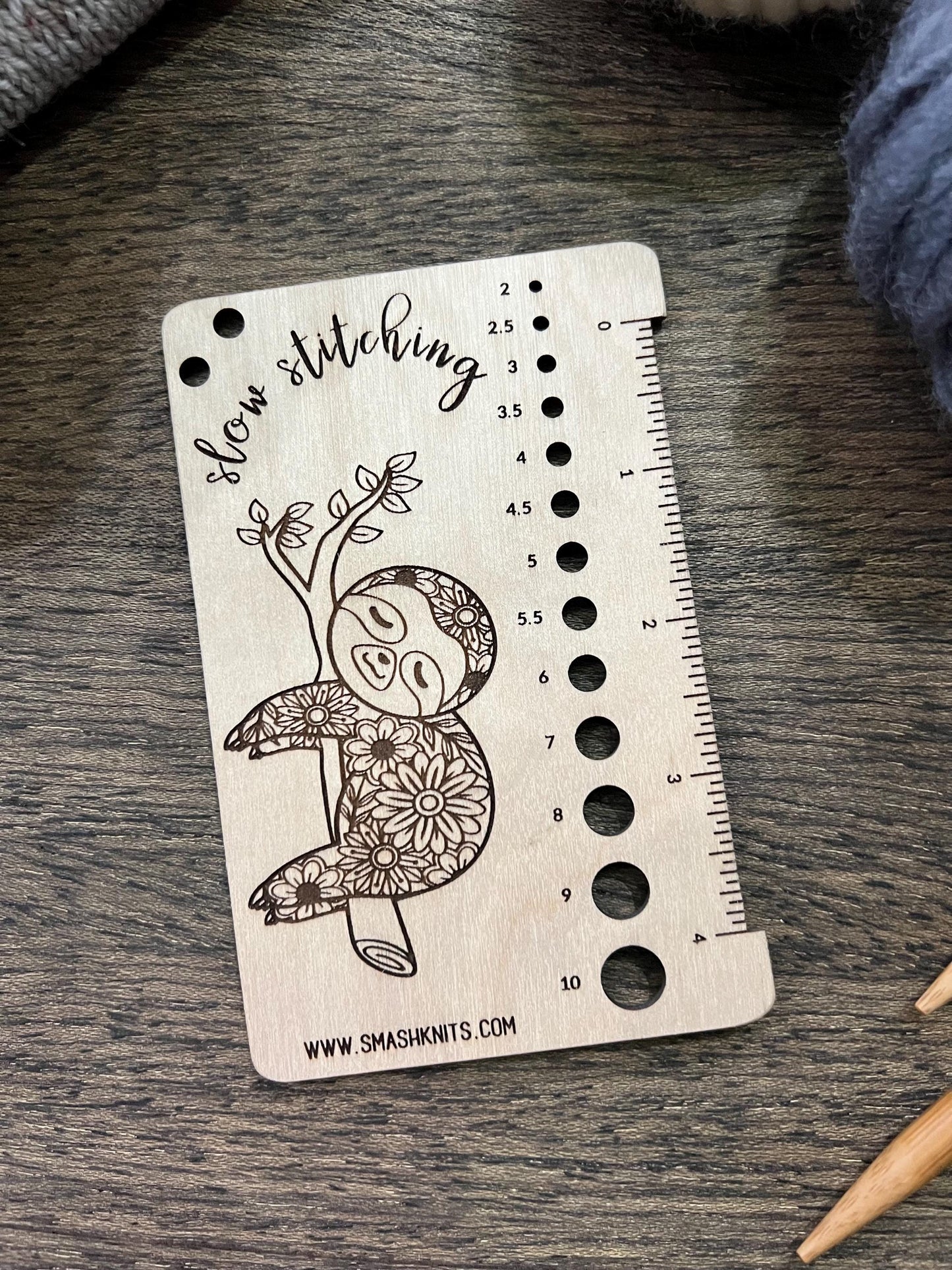 Sloth Knitting Gauge Ruler - Wooden Crochet Needle Sizer