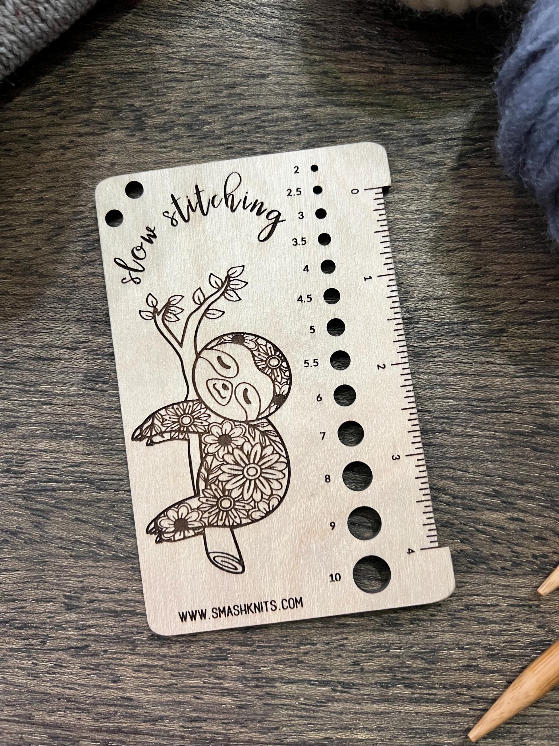 Sloth Knitting Gauge Ruler - Wooden Crochet Needle Sizer