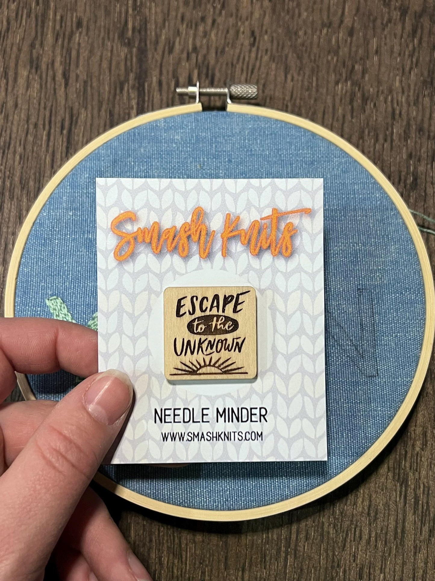 Wooden Needle Minder - "ESCAPE UNKOWN" Cross Stitch and Embroidery Accessory Notion