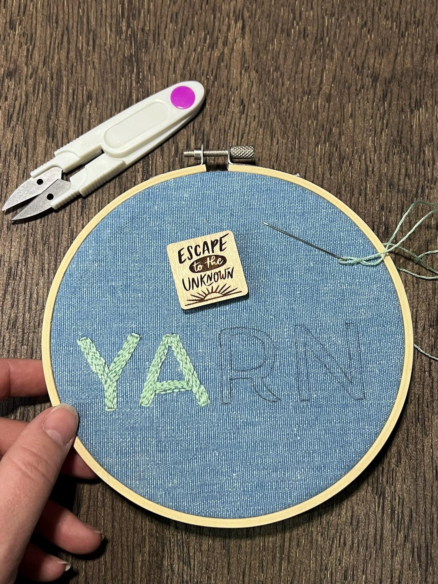 Wooden Needle Minder - "ESCAPE UNKOWN" Cross Stitch and Embroidery Accessory Notion