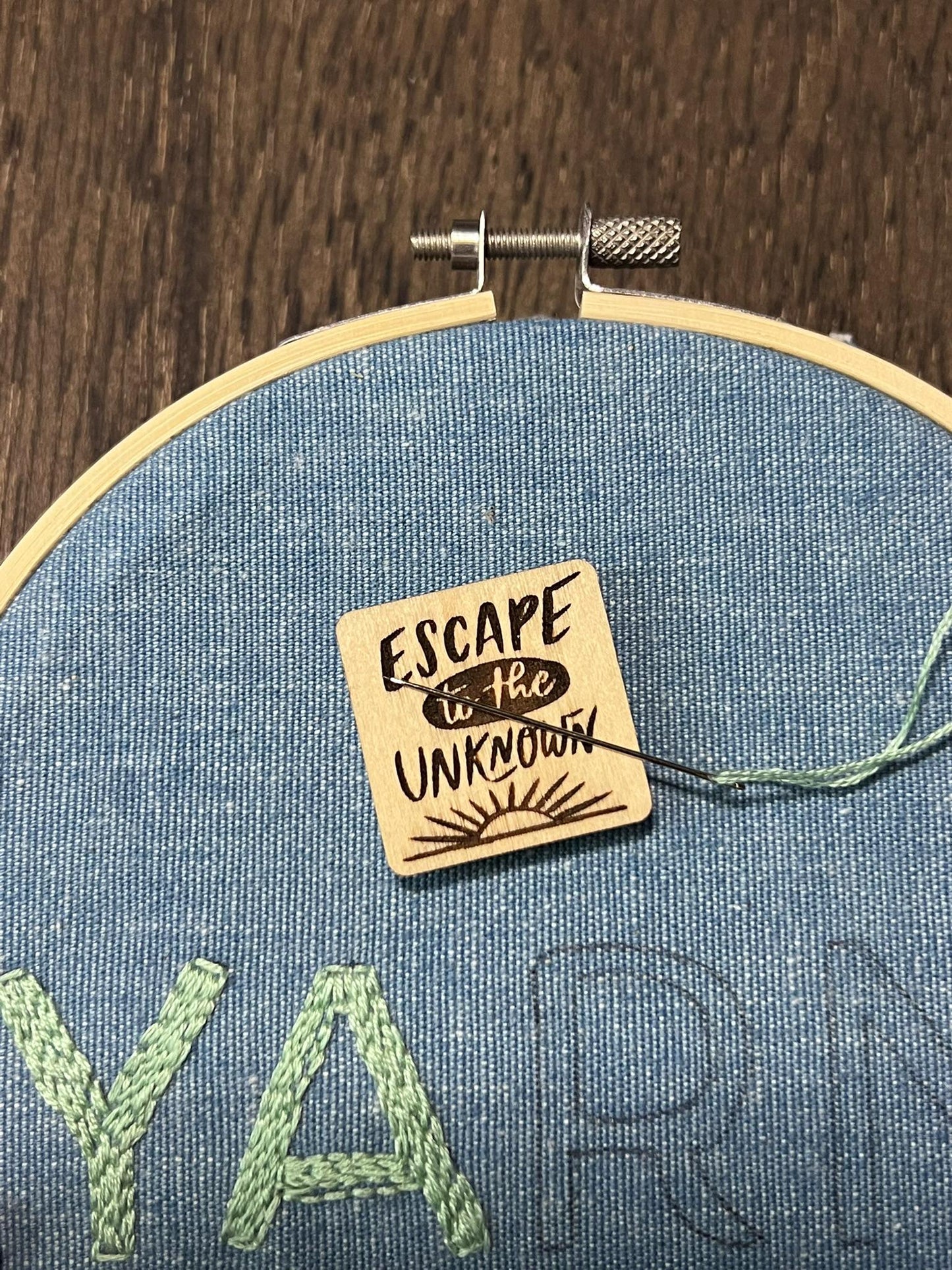 Wooden Needle Minder - "ESCAPE UNKOWN" Cross Stitch and Embroidery Accessory Notion