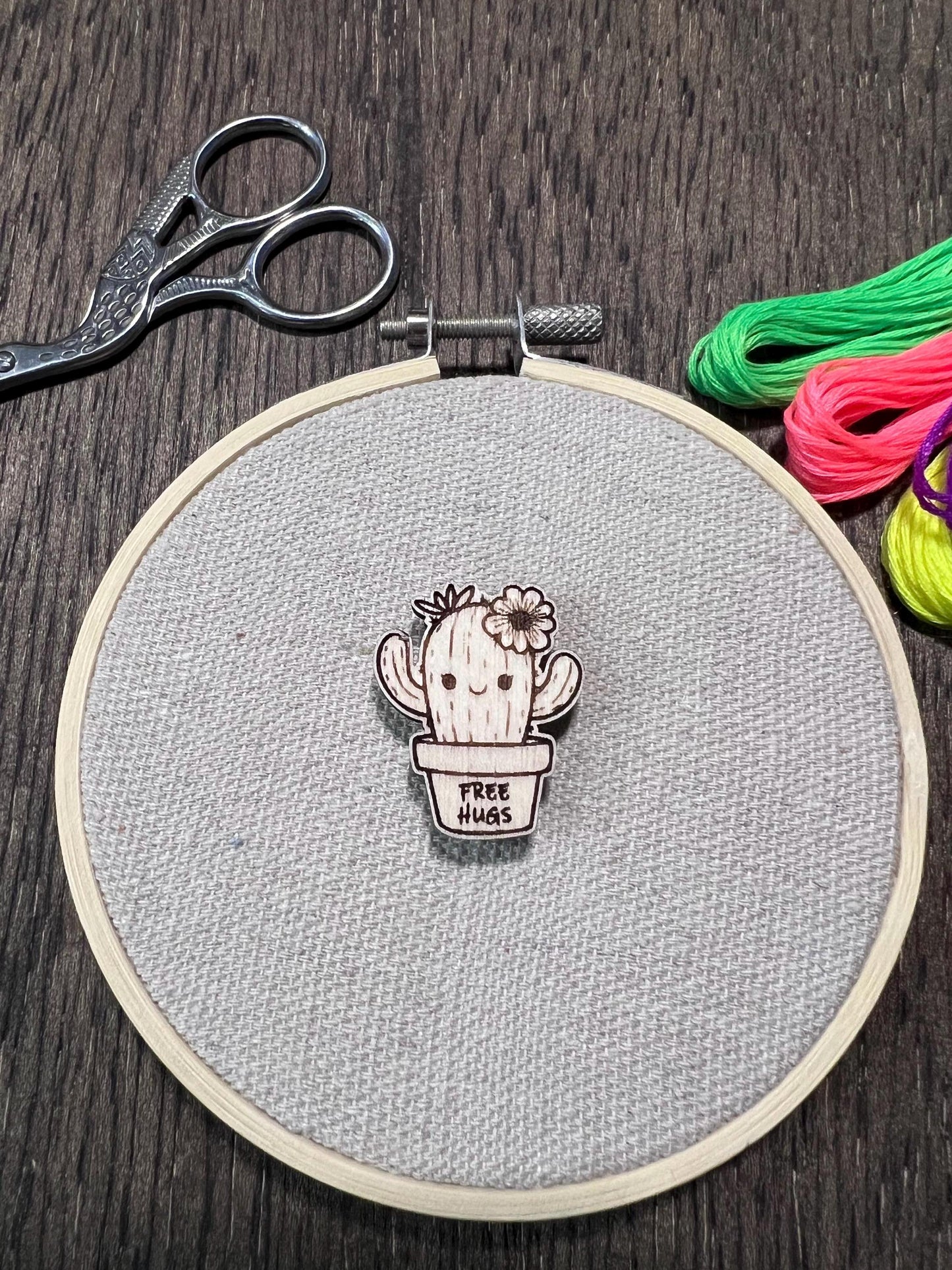 Wooden Needle Minder - "Free Hugs Cactus" Cross Stitch and Embroidery Accessory Notion