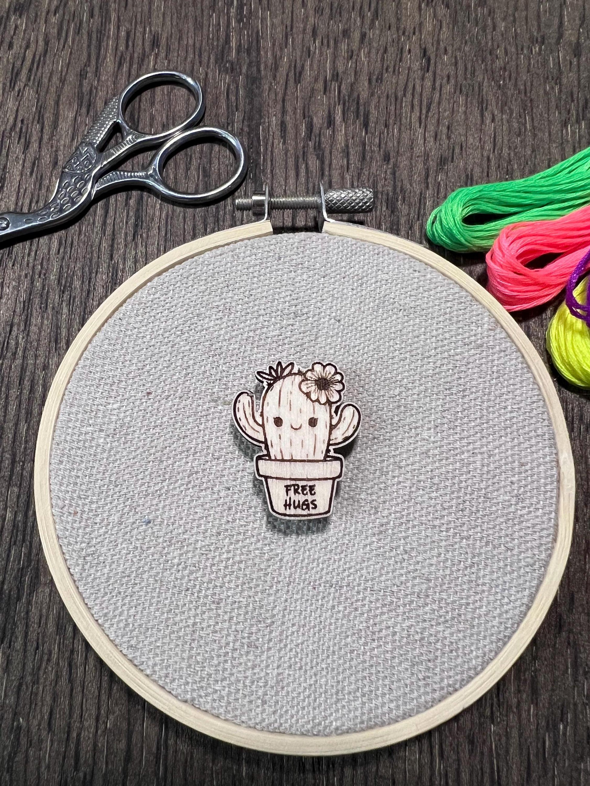 Wooden Needle Minder - "Free Hugs Cactus" Cross Stitch and Embroidery Accessory Notion
