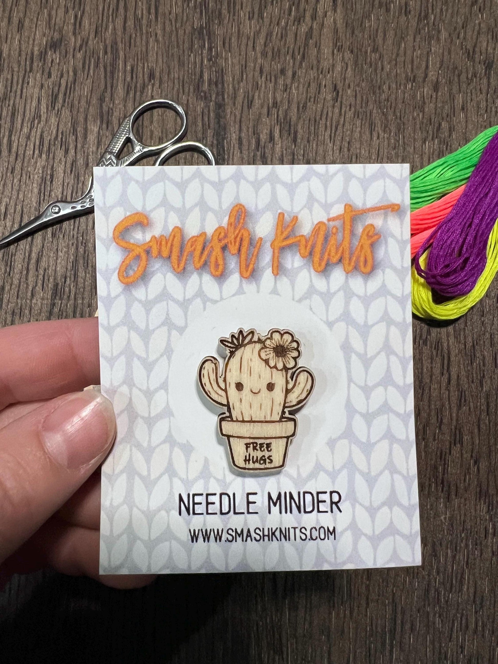 Wooden Needle Minder - "Free Hugs Cactus" Cross Stitch and Embroidery Accessory Notion