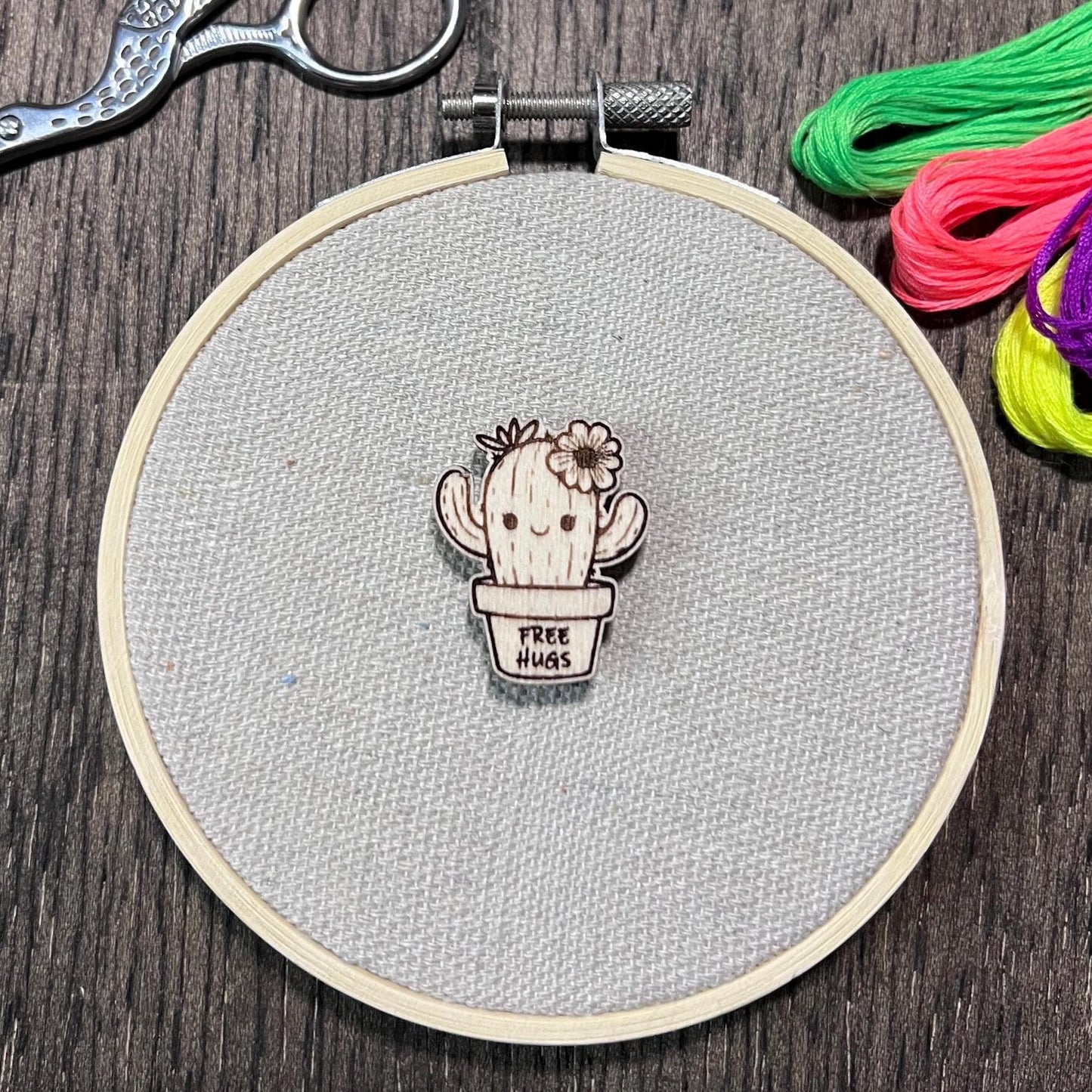 Wooden Needle Minder - "Free Hugs Cactus" Cross Stitch and Embroidery Accessory Notion