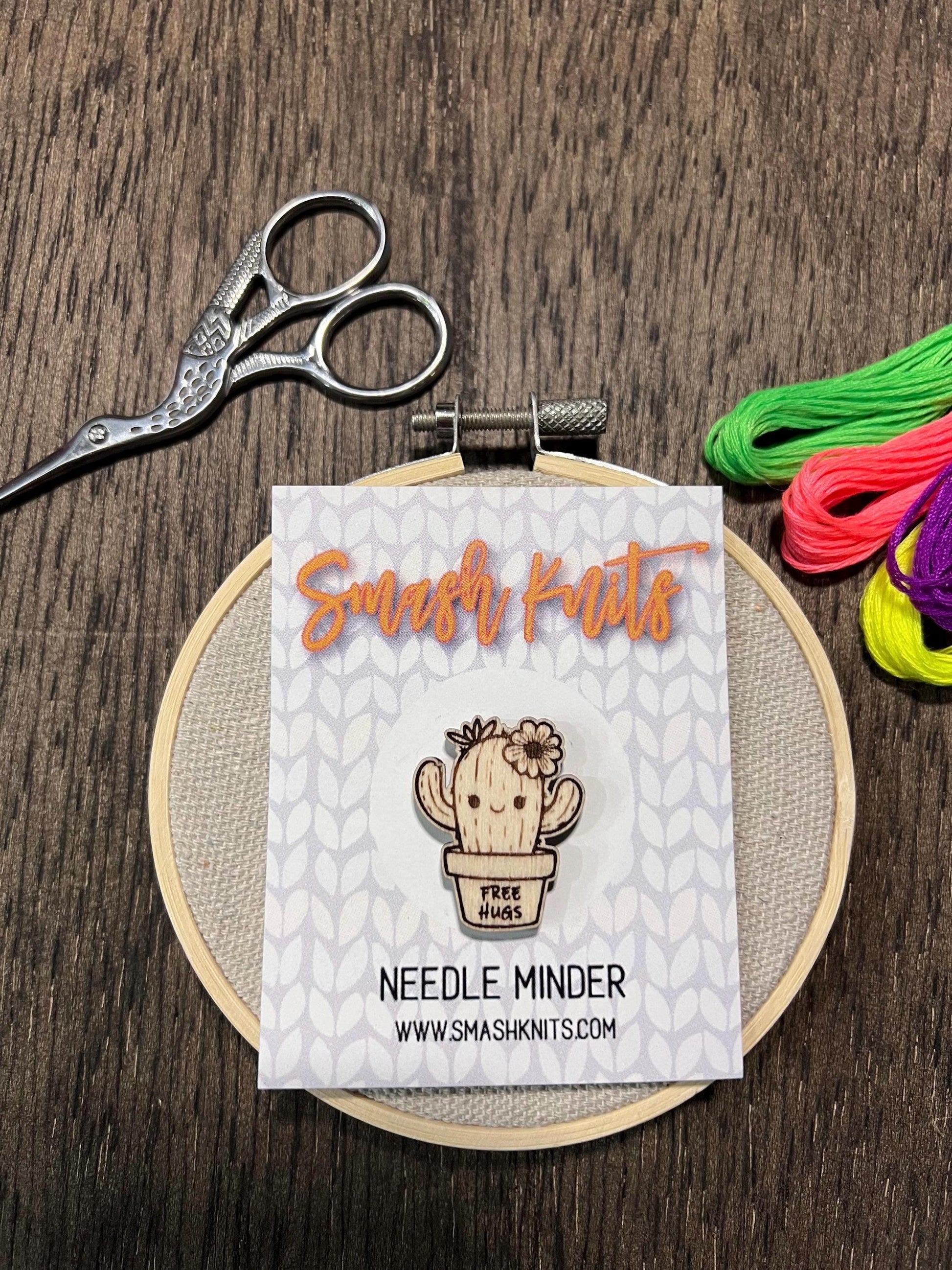 Wooden Needle Minder - "Free Hugs Cactus" Cross Stitch and Embroidery Accessory Notion