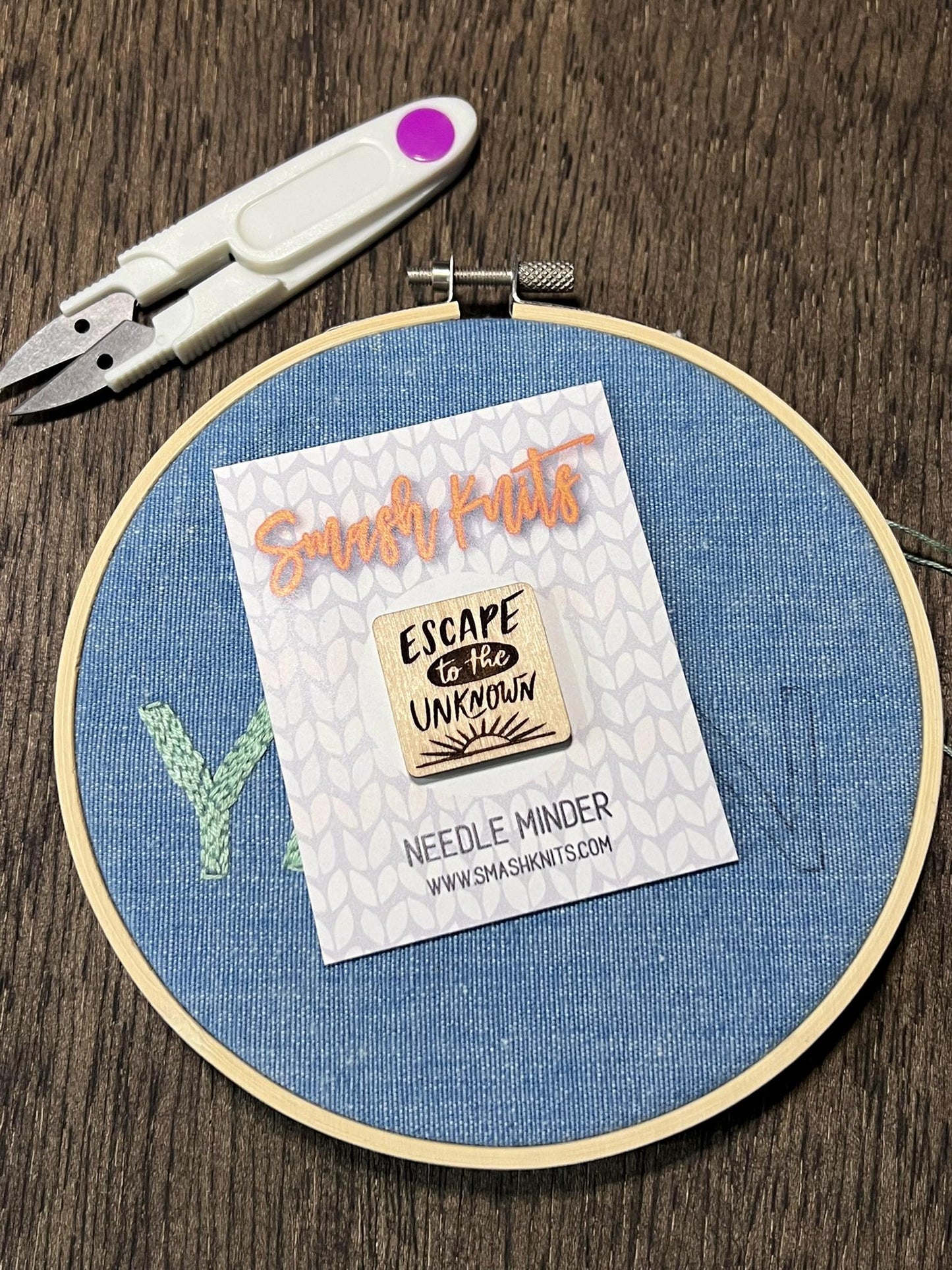 Wooden Needle Minder - "ESCAPE UNKOWN" Cross Stitch and Embroidery Accessory Notion