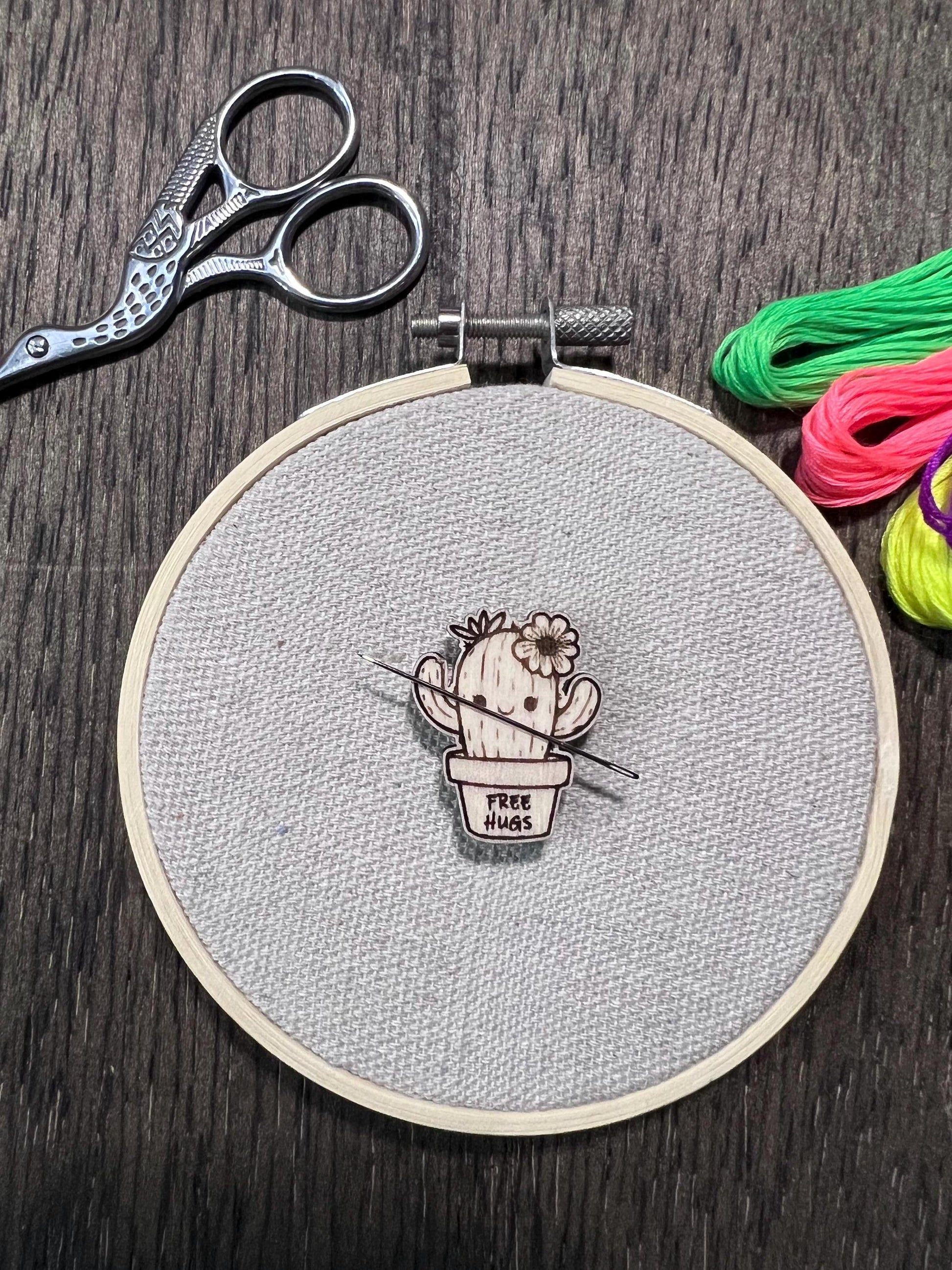 Wooden Needle Minder - "Free Hugs Cactus" Cross Stitch and Embroidery Accessory Notion