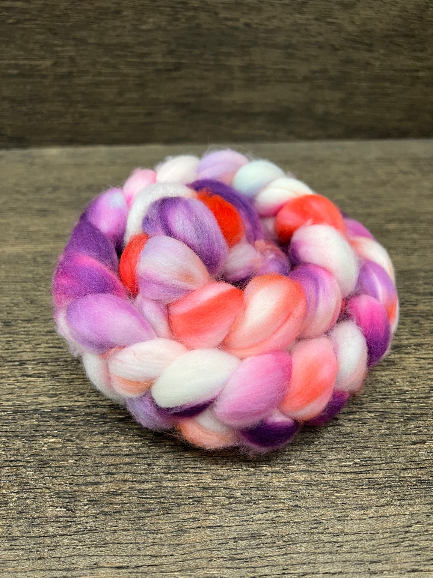 Pink Purple Red Cream Hand Dyed Spinning Fibre Polwarth Top Non Superwash