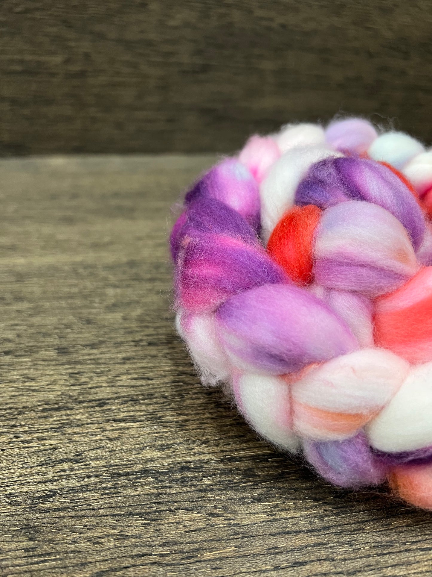 Pink Purple Red Cream Hand Dyed Spinning Fibre Polwarth Top Non Superwash